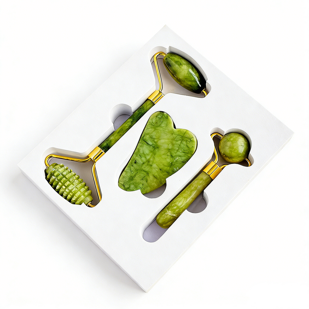 RYS Natürliches Xiuyan-Jadewalzen-Massage-Set, Jade-Gesichts- und Augenmassage-Roller & Gua-Sha-Brett Geschenkbox