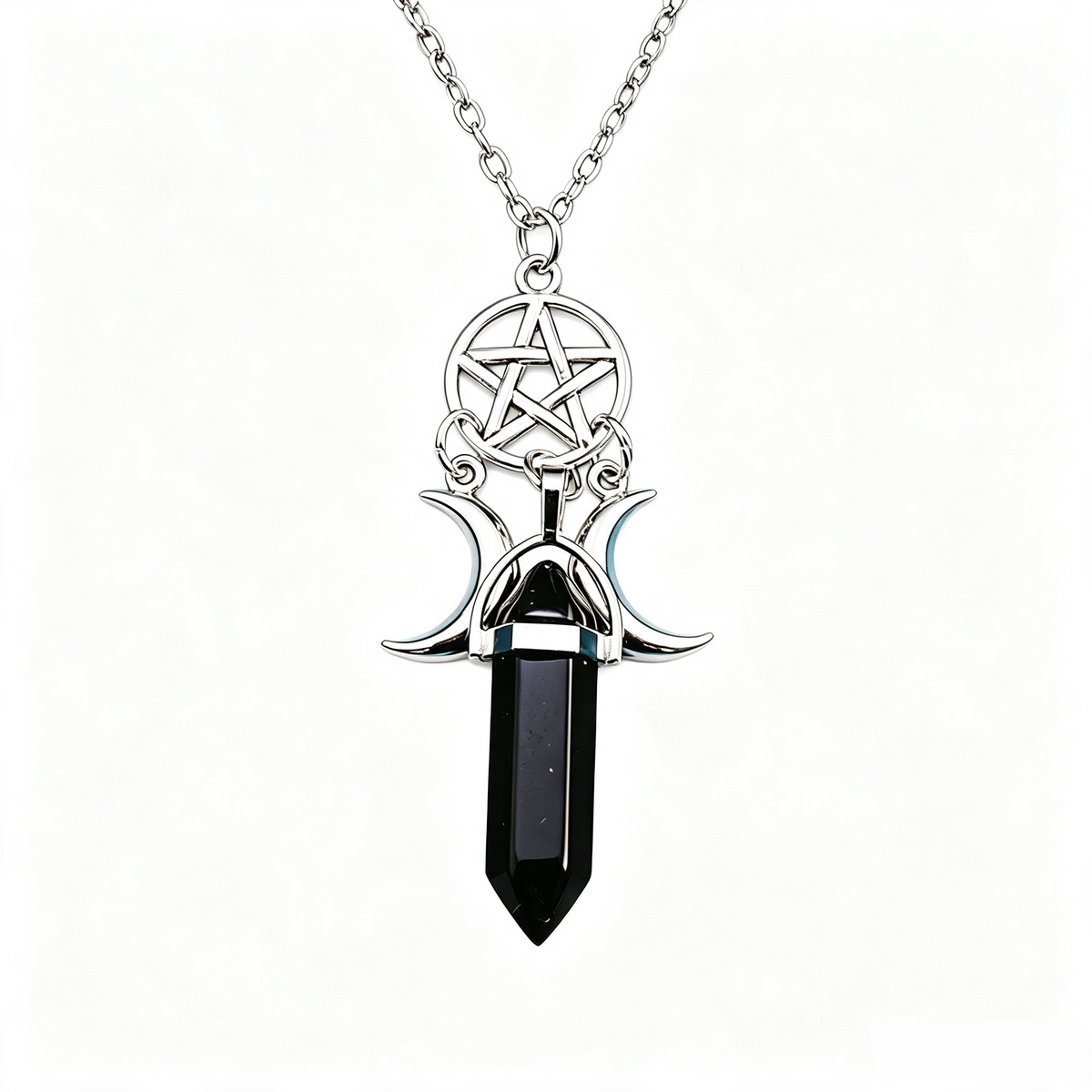 RYS Natural Crystal Double‑Point Hexagonal Column Moon Pentagram Sweater Chain