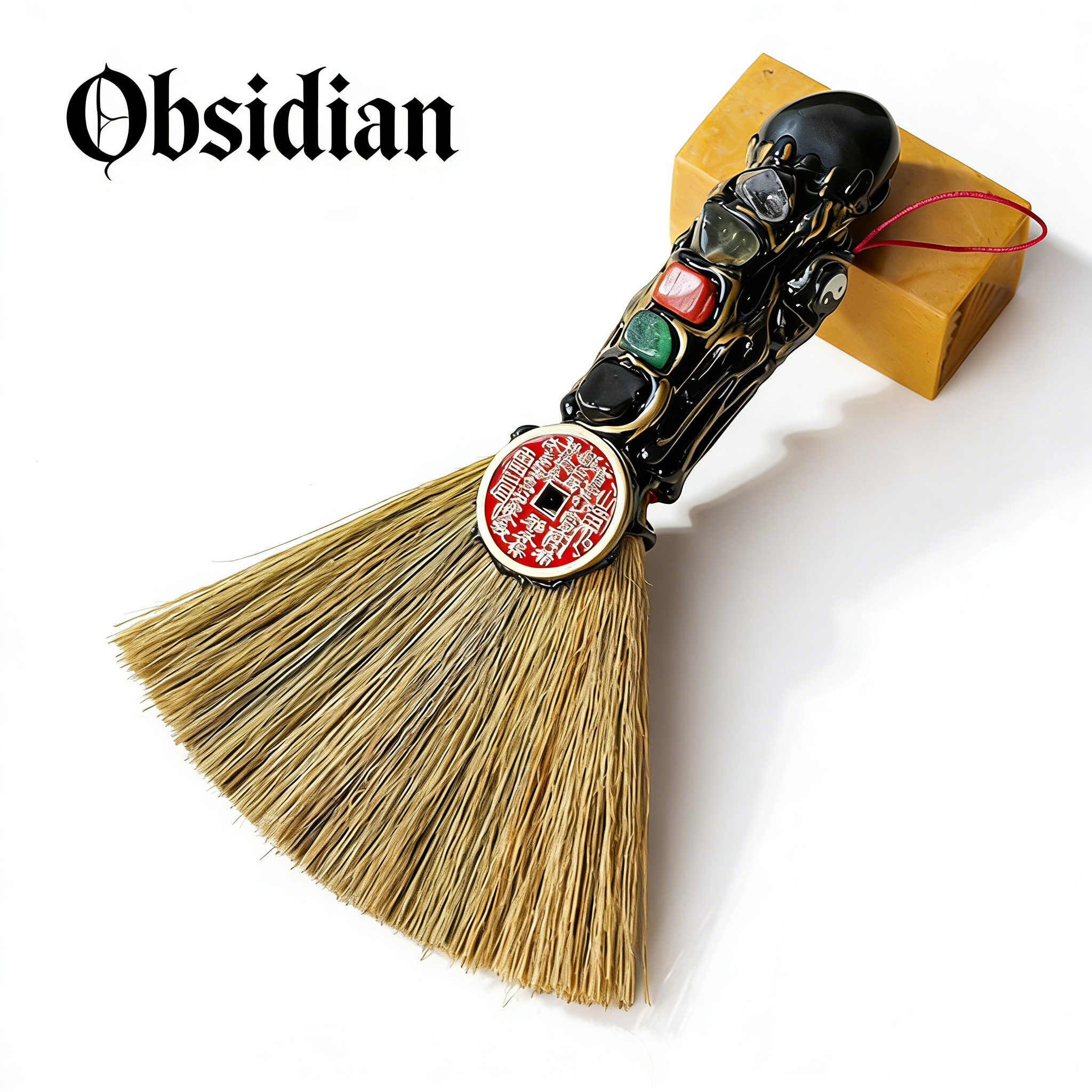 RYS Natural Crystal Shanguang Coin & Small Broom Pendant, Five Elements Stone Amulet for Entrance Door Handle