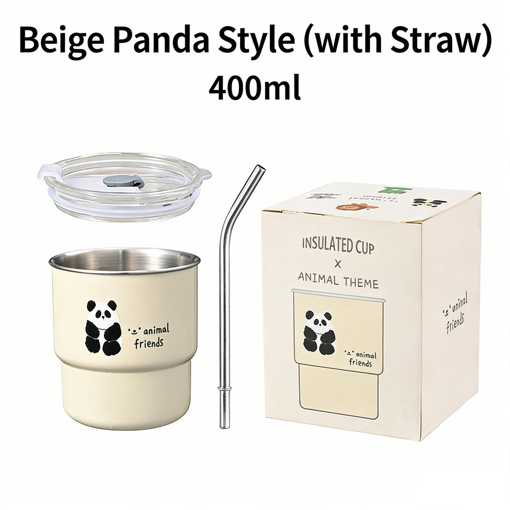 HGD Cute Panda Insulated Coffee Cup with Straw & Lid | 400/600ml Animal Theme Stainless Steel Tumbler