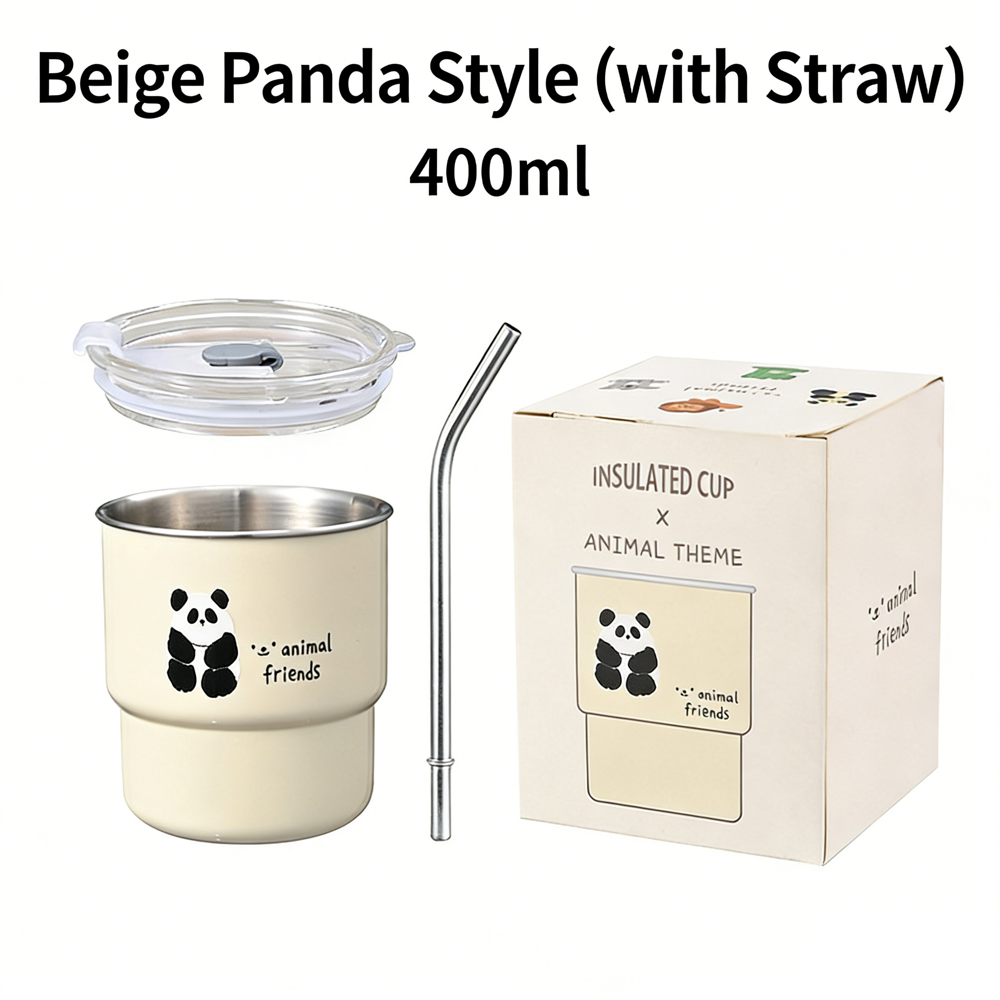 HGD Cute Panda Insulated Coffee Cup with Straw & Lid | 400/600ml Animal Theme Stainless Steel Tumbler