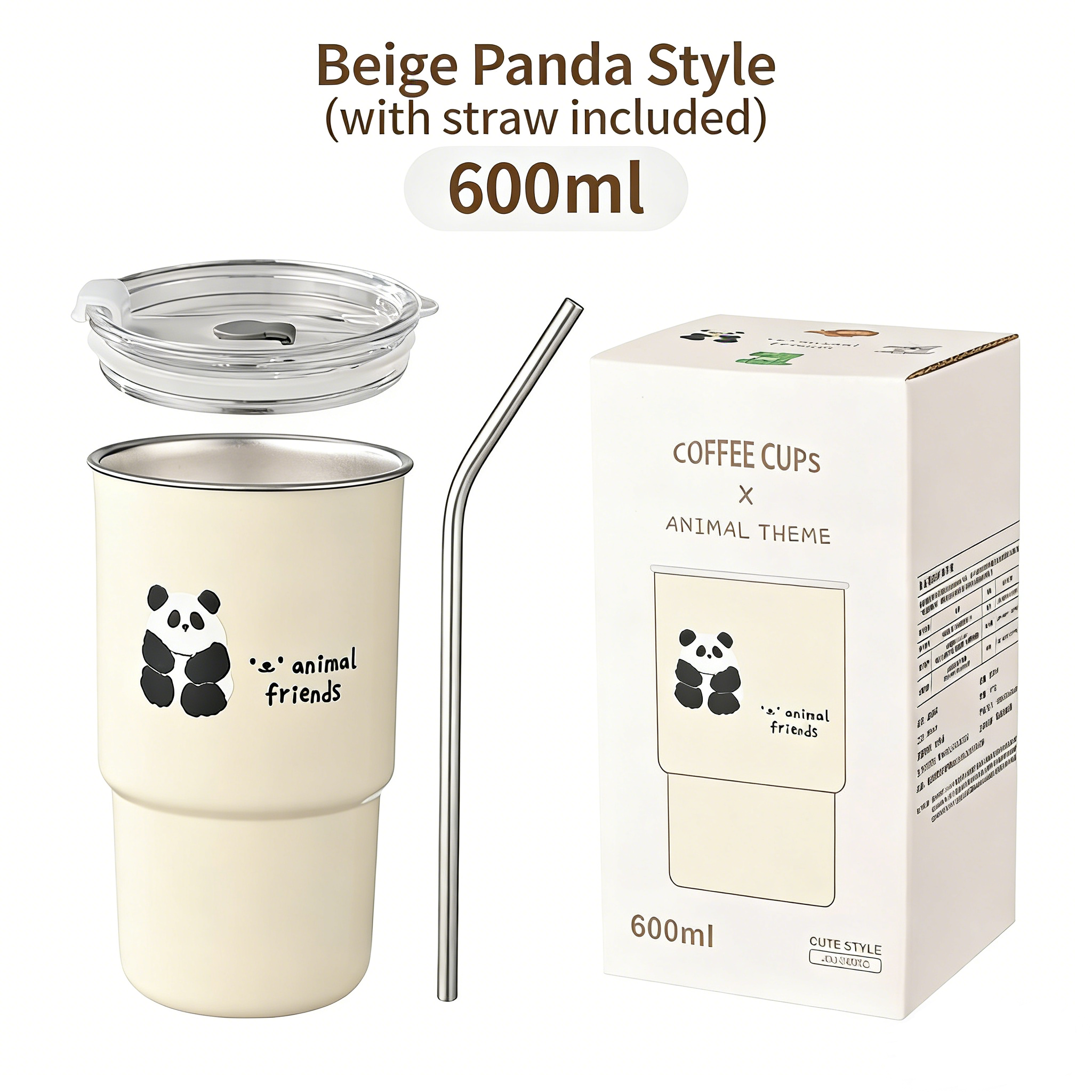 HGD Cute Panda Insulated Coffee Cup with Straw & Lid | 400/600ml Animal Theme Stainless Steel Tumbler