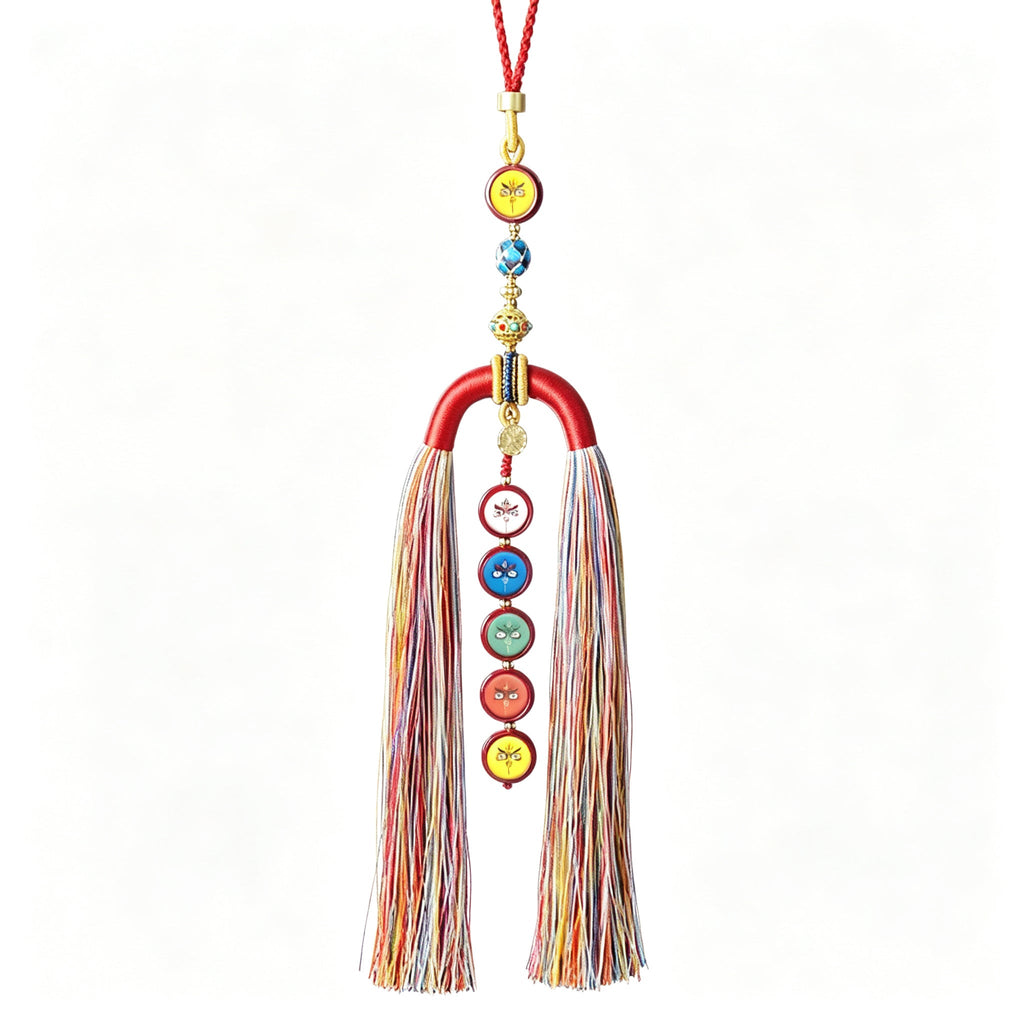 HXJ Handmade Five-Way Wealth God Thangka Car Charm | Vermilion & Hemp Cord Ethnic Pendant