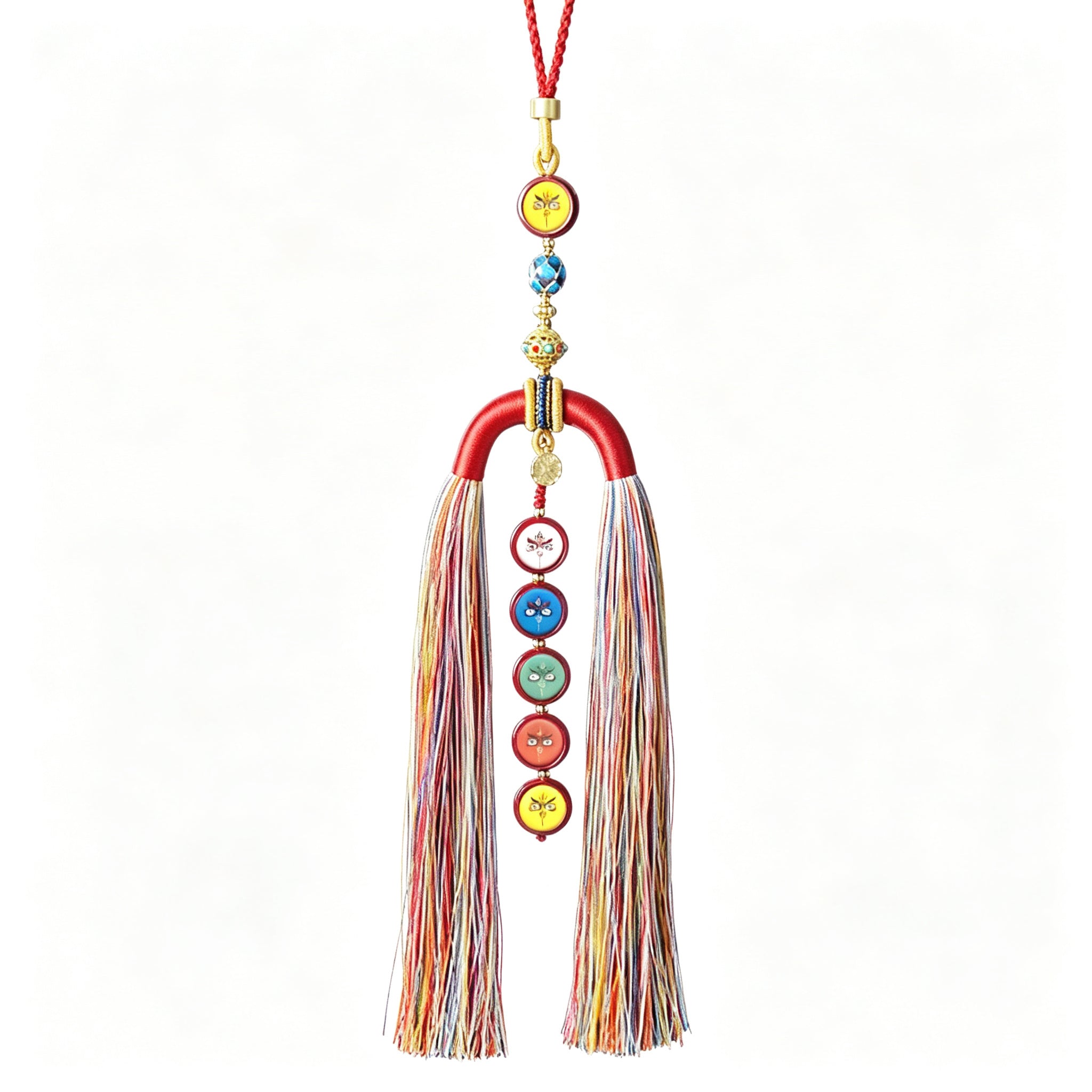 HXJ Handmade Five-Way Wealth God Thangka Car Charm | Vermilion & Hemp Cord Ethnic Pendant