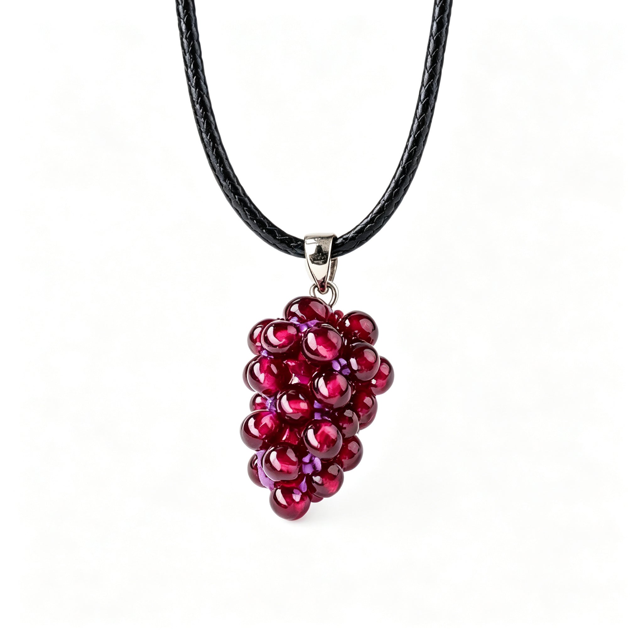 RYS Handmade Garnet Grape Pendant Necklace | Natural Red Garnet Beaded Charm with Black Leather Cord