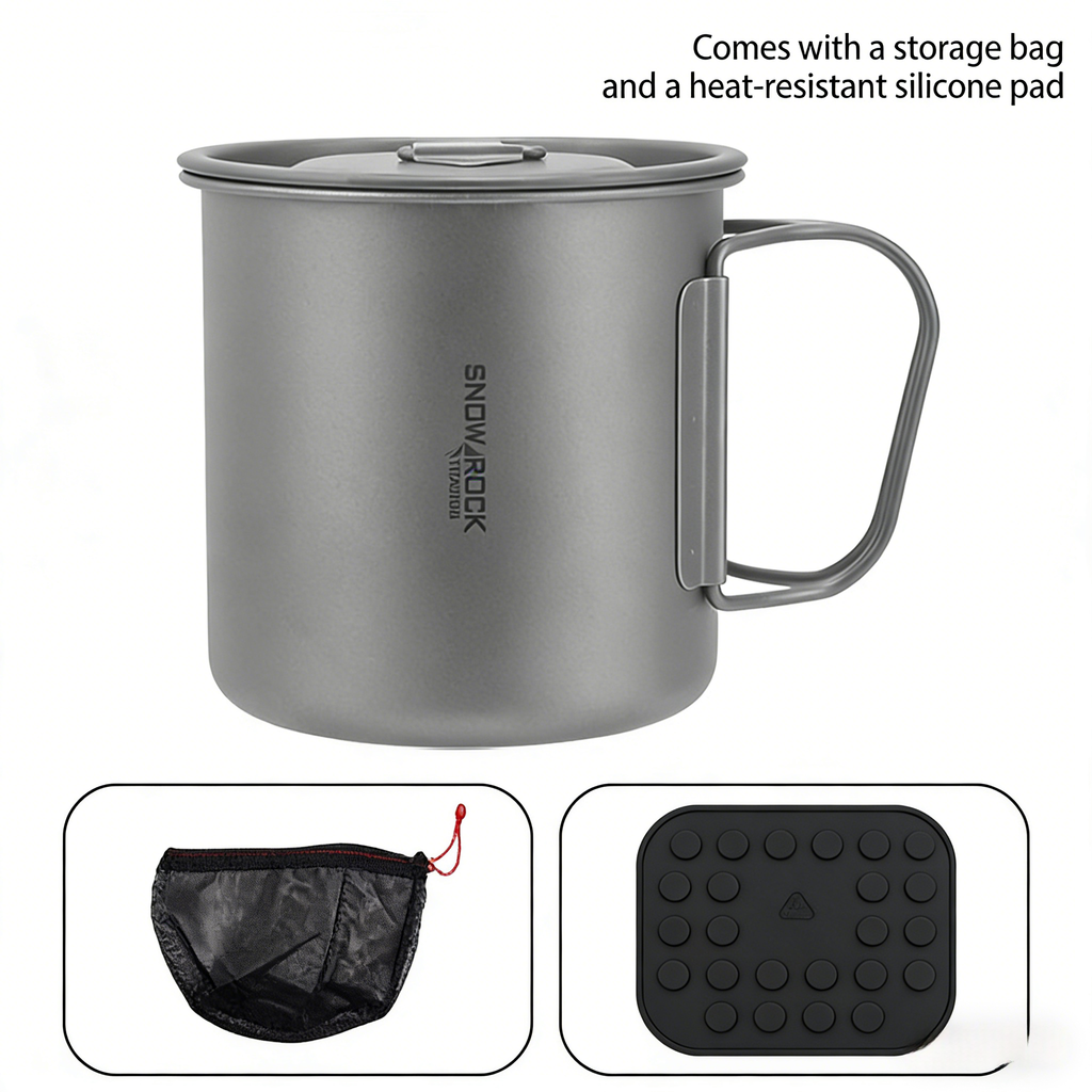SNR Leichter Titanbecher mit Klappgriff | Tragbarer Campingbecher mit Deckel & Silikonhülle | 300ml-600ml