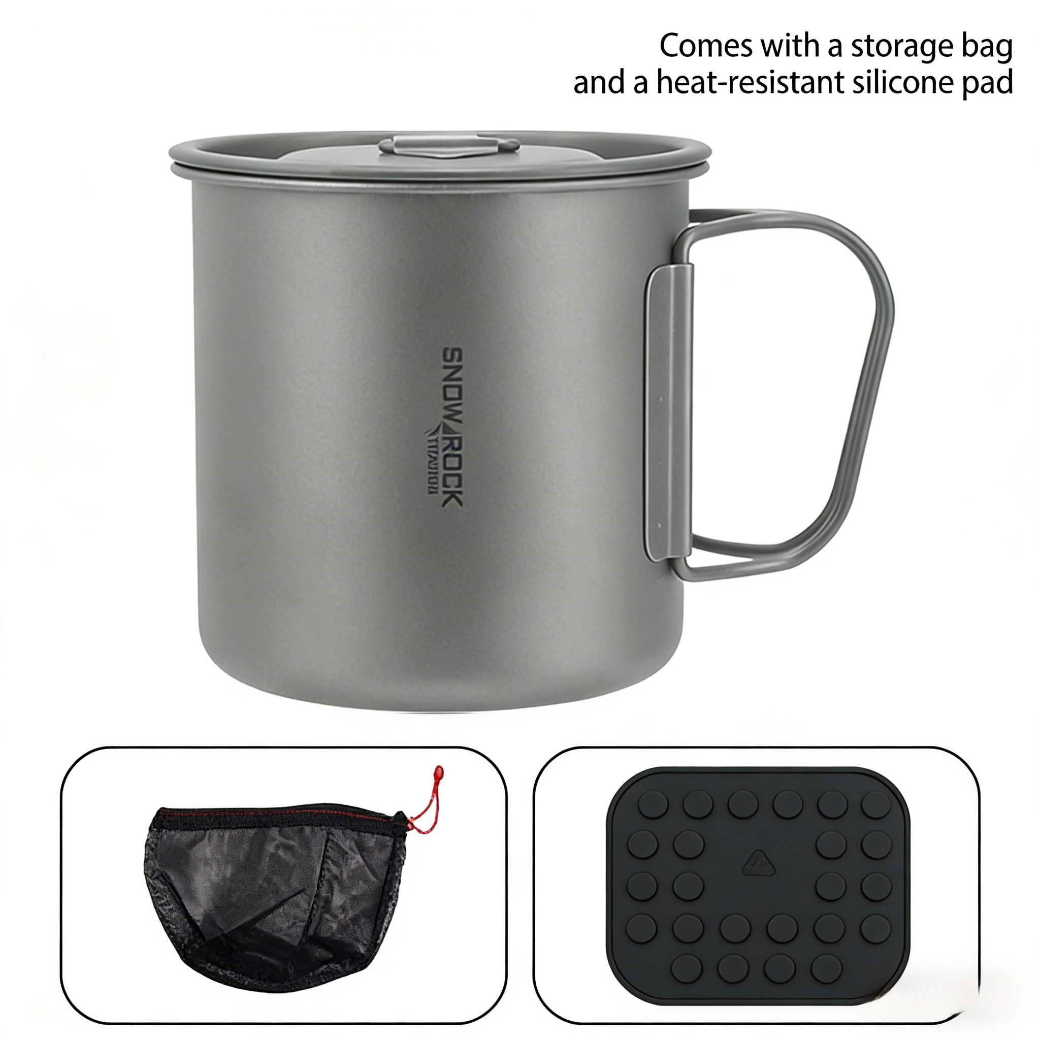 SNR Leichter Titanbecher mit Klappgriff | Tragbarer Campingbecher mit Deckel & Silikonhülle | 300ml-600ml
