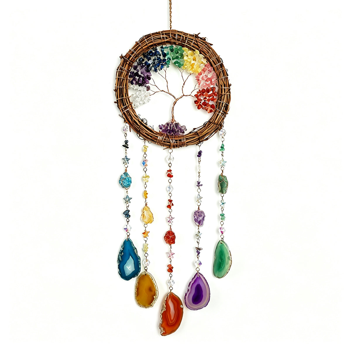 MGY Tree of Life Rattan Dreamcatcher Wind Chime, Colorful Agate Slices Wall Hanging Ornament for Living Room Bedroom Home Decor