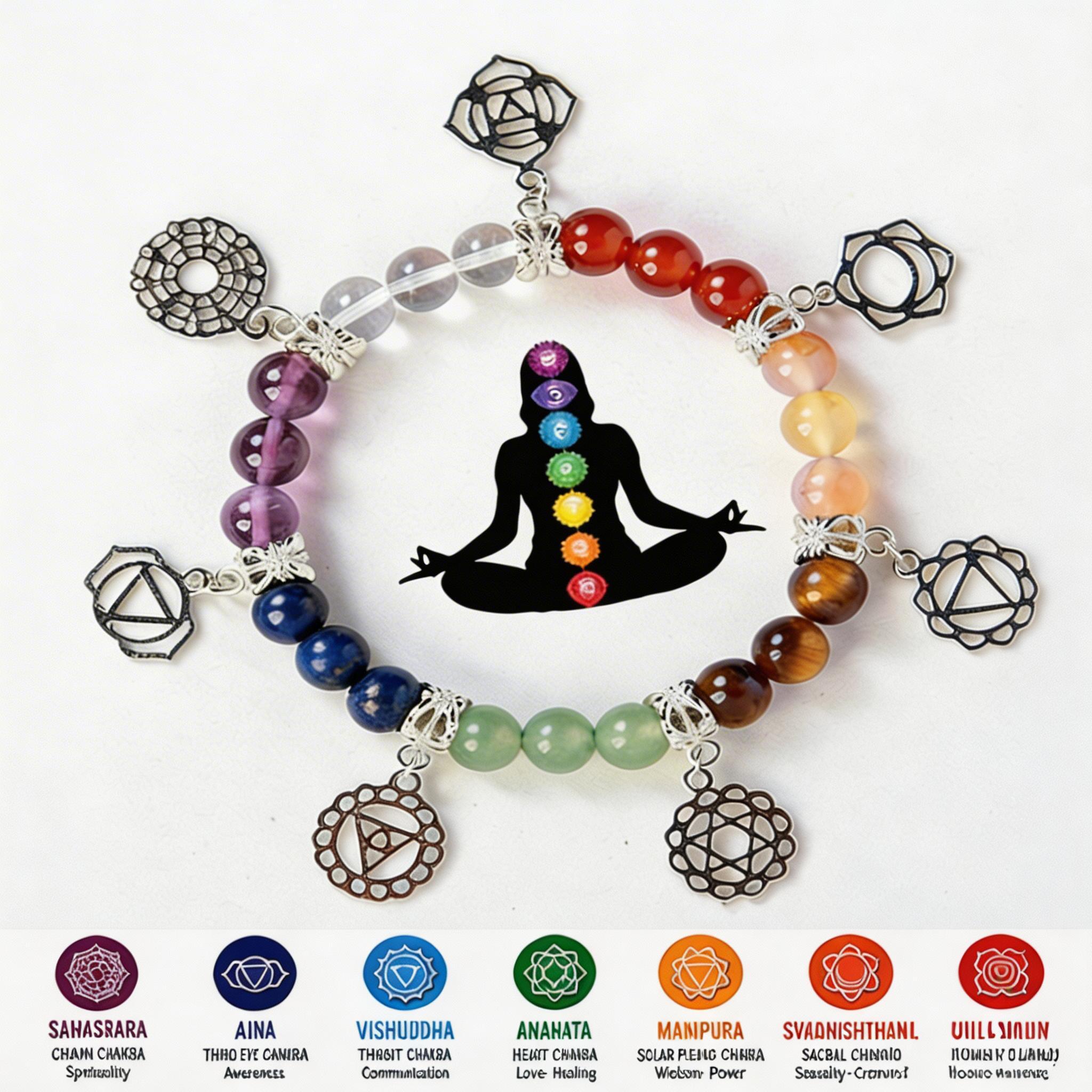 RYS Natural 7 Chakra Crystal Bracelet 8mm Silver-Plated Symbol Beaded Bracelet