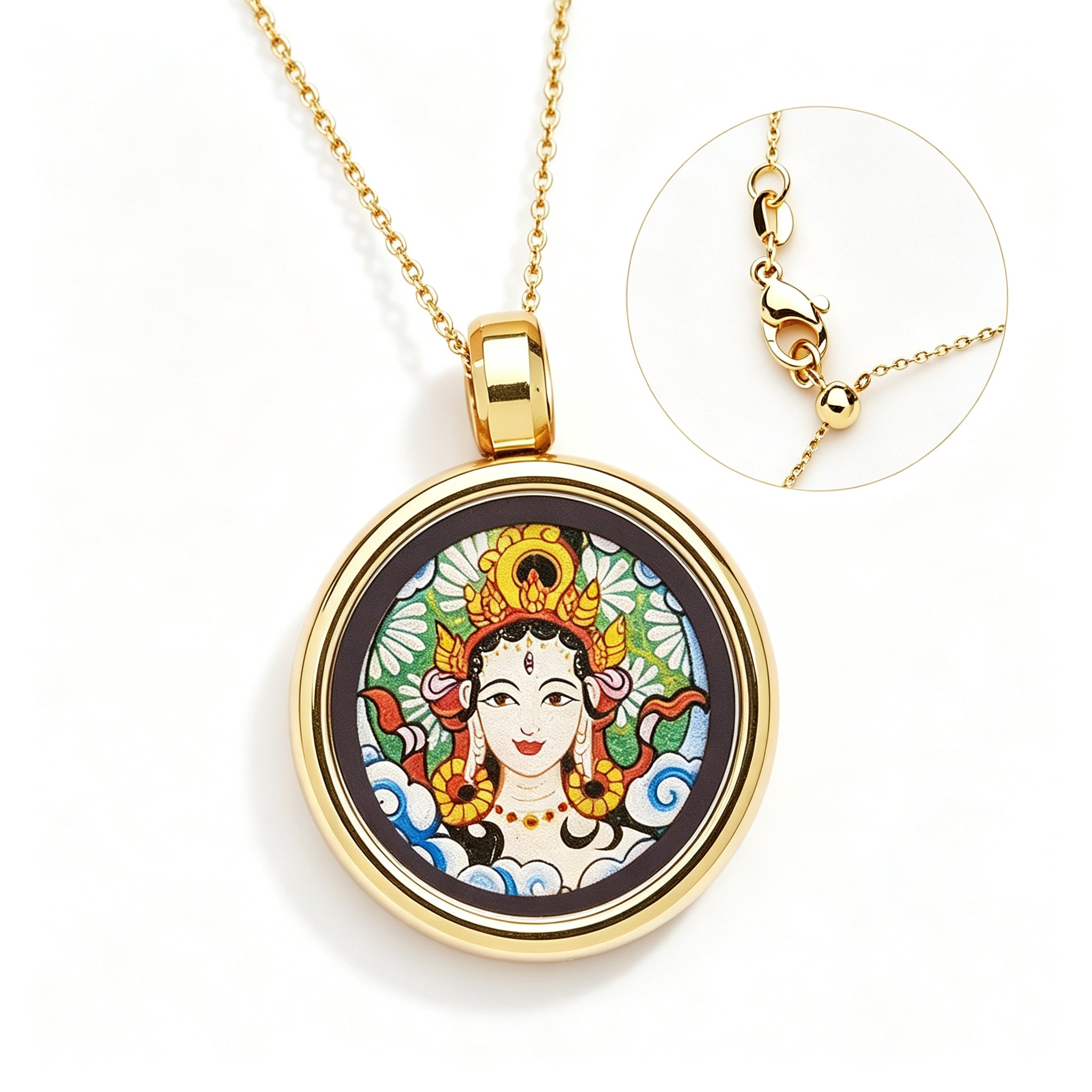 RYS Hand-Painted Thangka Buddha Pendant Necklace | 18K Gold Plated Alloy | Tibetan Patron Saint Amulet for Zodiac Signs | Spiritual Protection Jewelry