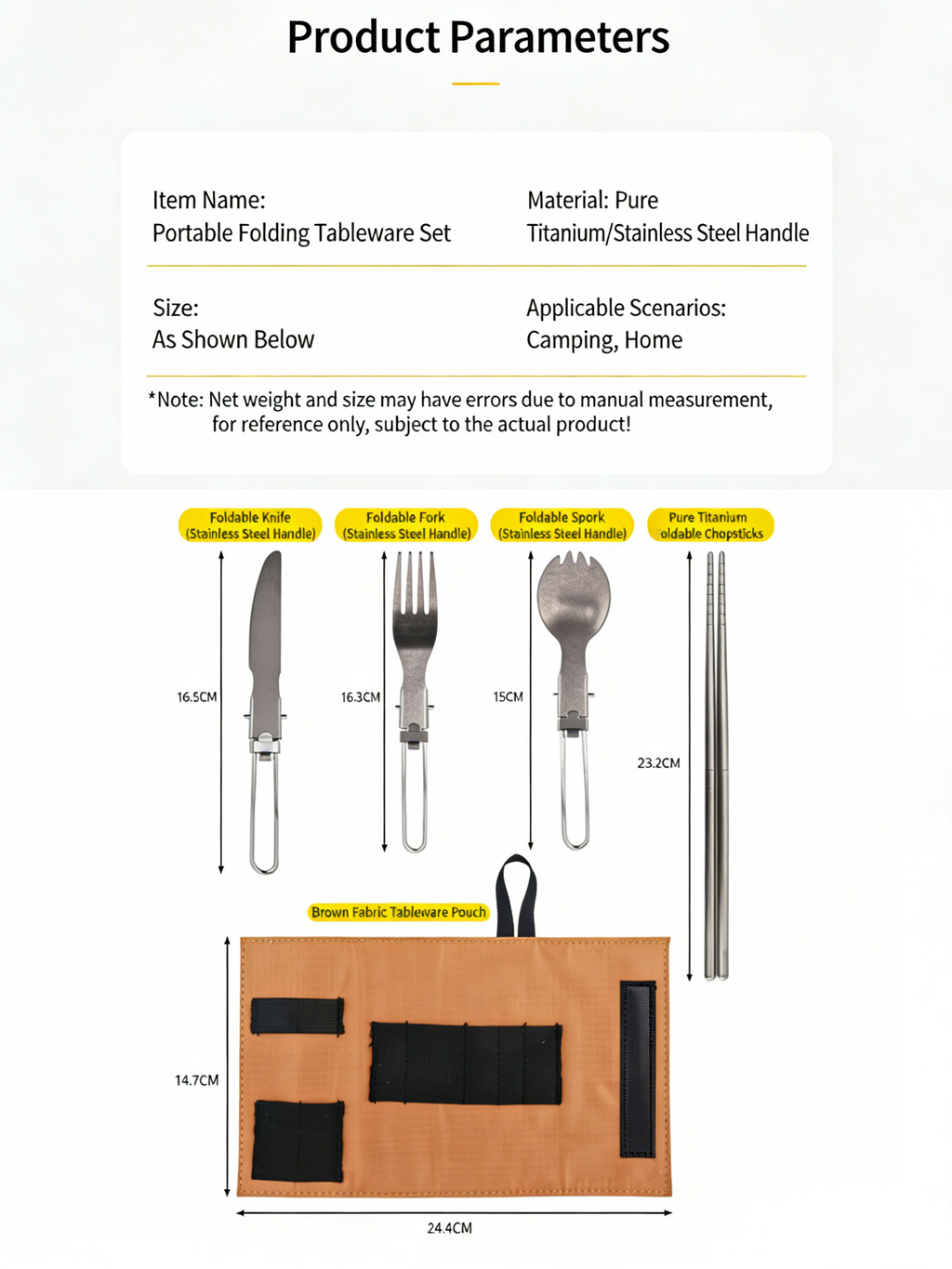 SNR Reines Titan Faltbares Besteckset, Leichtgewicht Gabel Löffel Essstäbchen 4-teiliges Set für Outdoor Camping