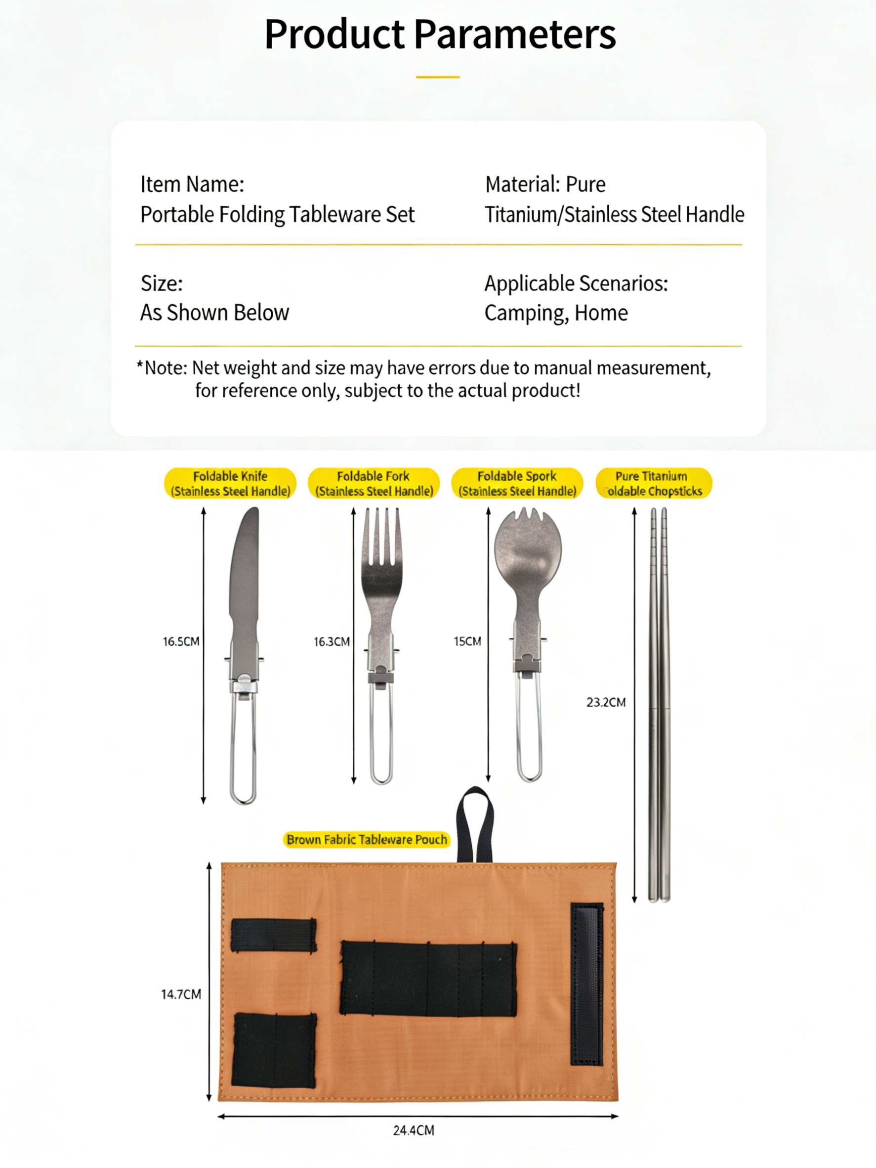 SNR Reines Titan Faltbares Besteckset, Leichtgewicht Gabel Löffel Essstäbchen 4-teiliges Set für Outdoor Camping