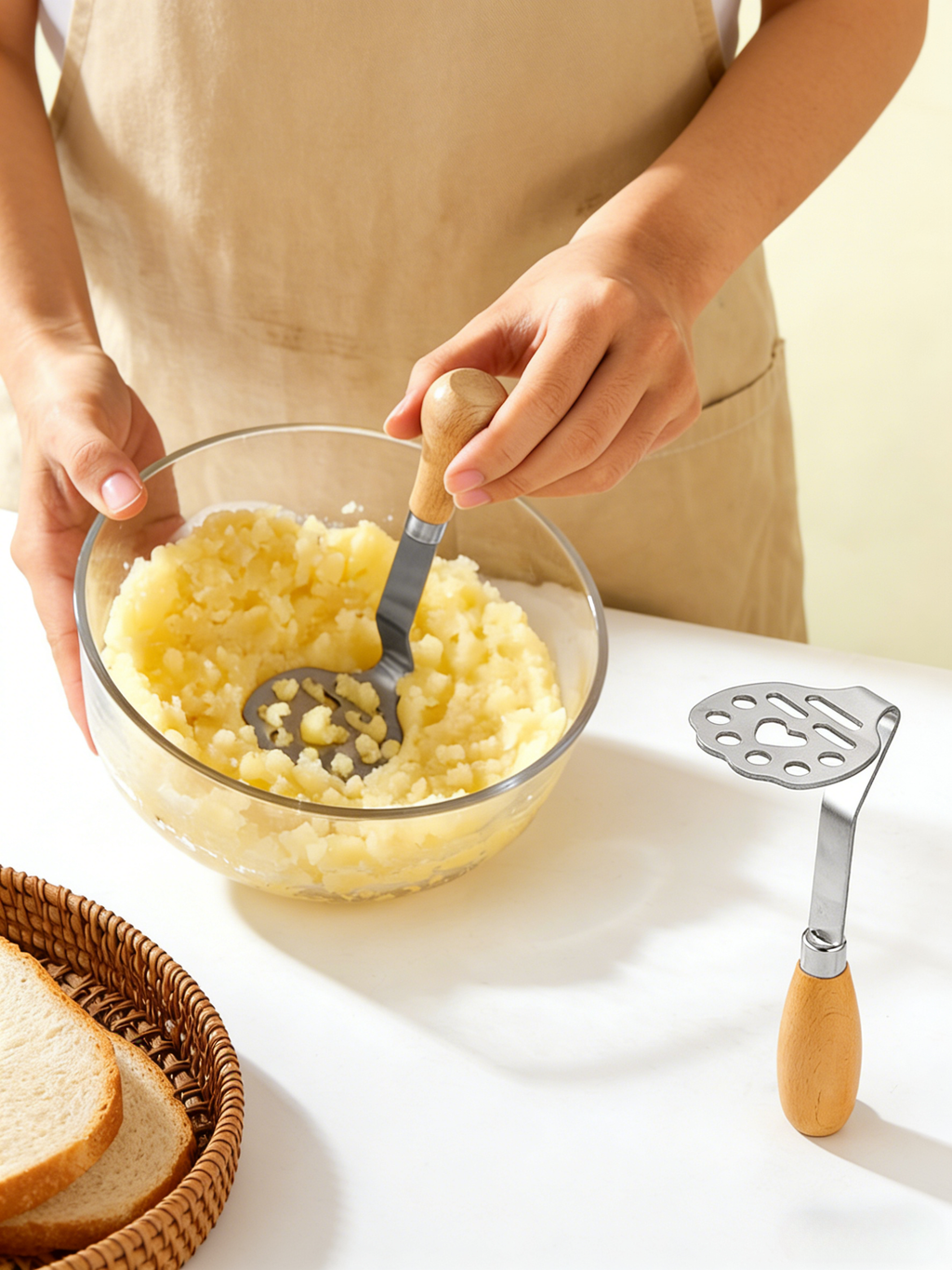 HGD 304 Stainless Steel Kitchen Tool with Beech Wood Handle | Mini Potato Masher & Fruit Fork Butter Knife Set