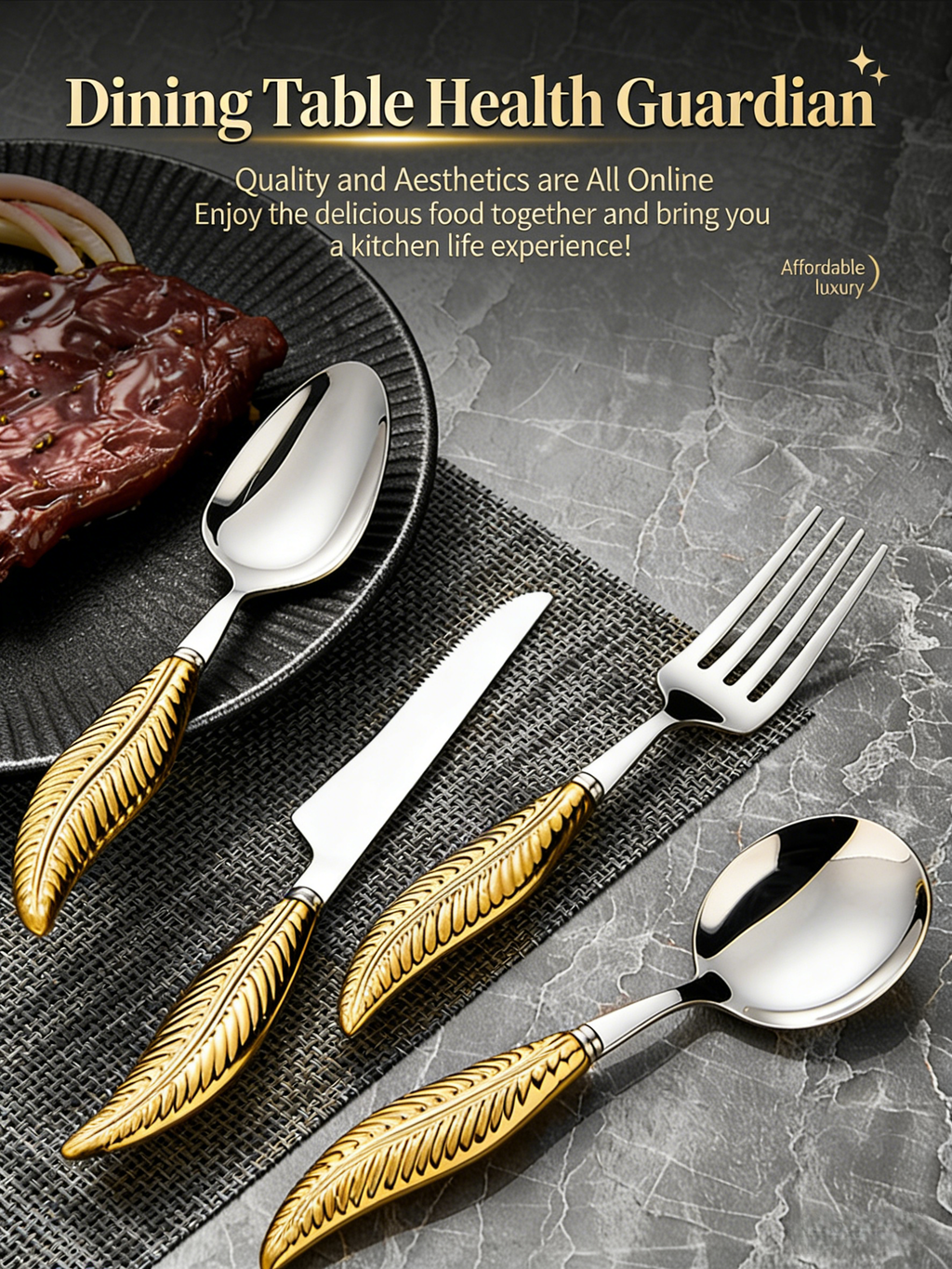 HGD 304 Stainless Steel Luxury Feather-Handled Cutlery | Premium Steak Knife Fork Spoon Set