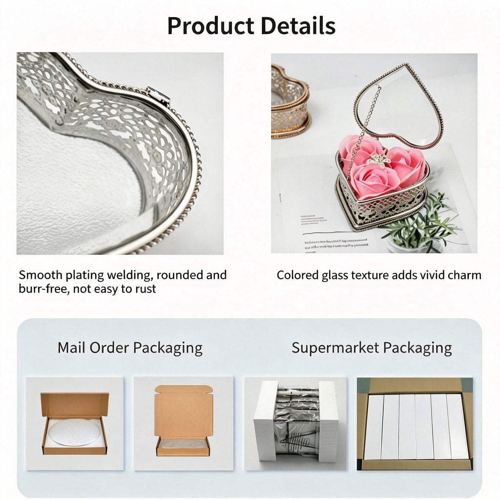 YAP Heart‑Shaped Glass Metal Jewelry Box Ring Earring Storage Decor Gift Box