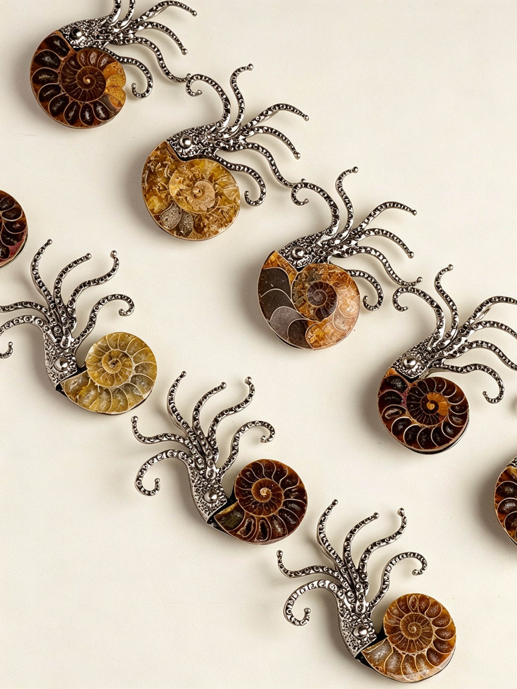 RYS Natural Ammonite Fossil Jewelry Brooch Necklace Earrings Set
