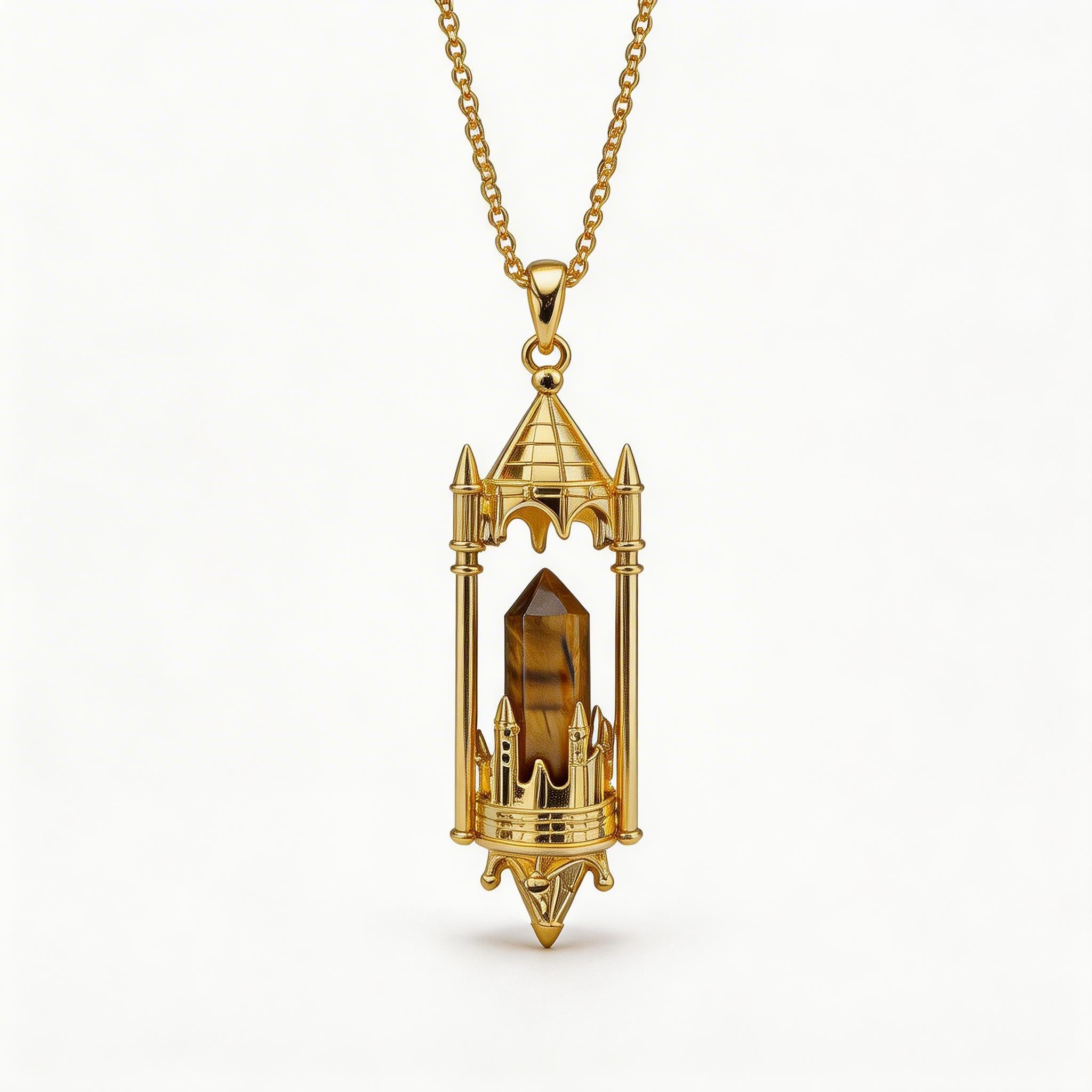 RYS Fantasy Castle Natural Crystal Point Pendant | Multi-Metal (Titanium/Silver/Gold) Options, Includes Chain