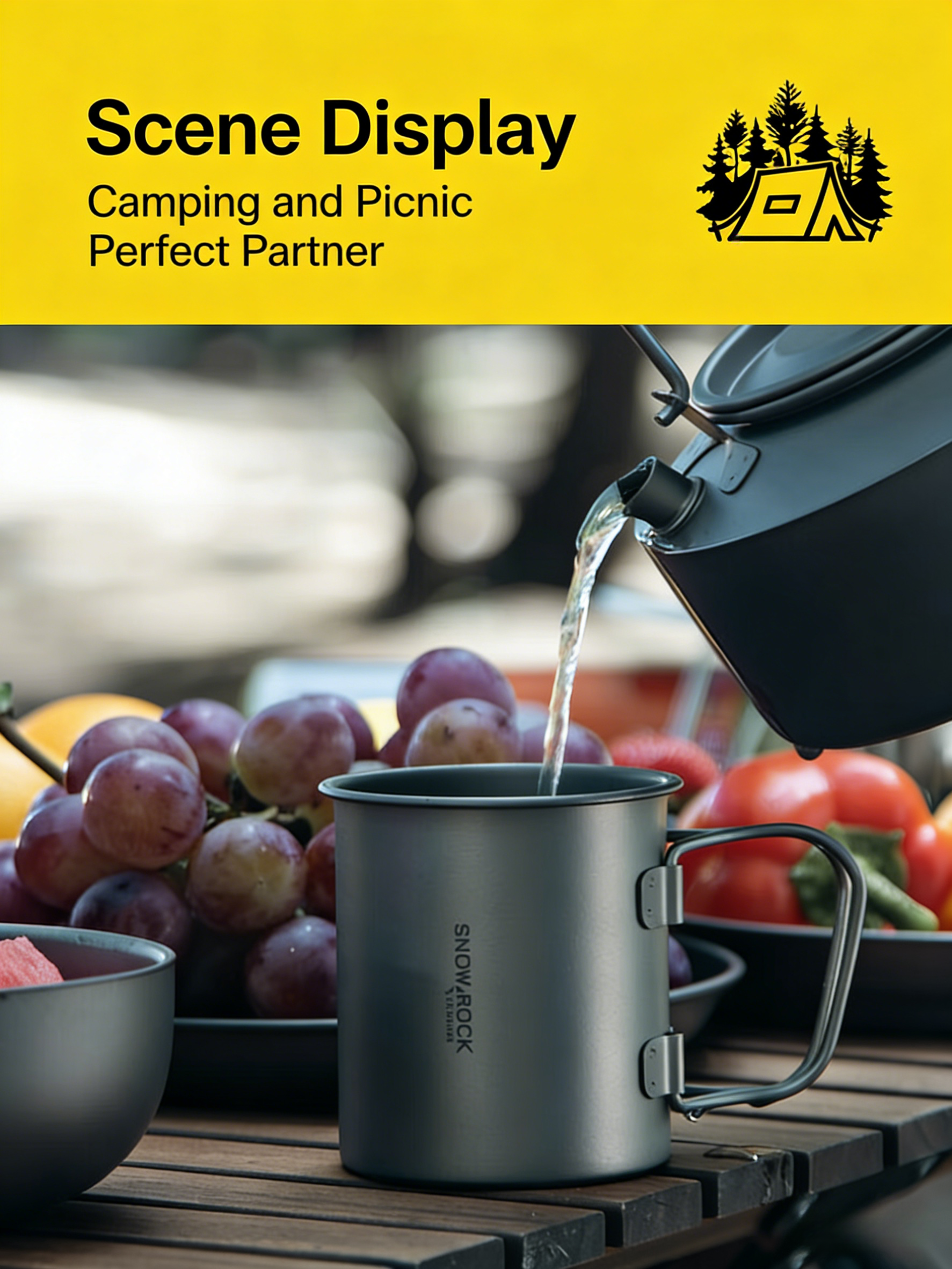 SNR Leichter Titanbecher mit Klappgriff | Tragbarer Campingbecher mit Deckel & Silikonhülle | 300ml-600ml
