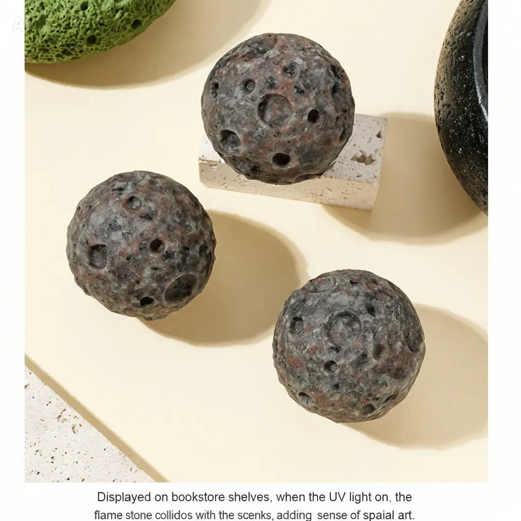 RYS Natural Flame Stone Moon Sphere Carving | UV Reactive Lunar Meteorite Crater Crystal Ball | Home Decor & Collectible Gift