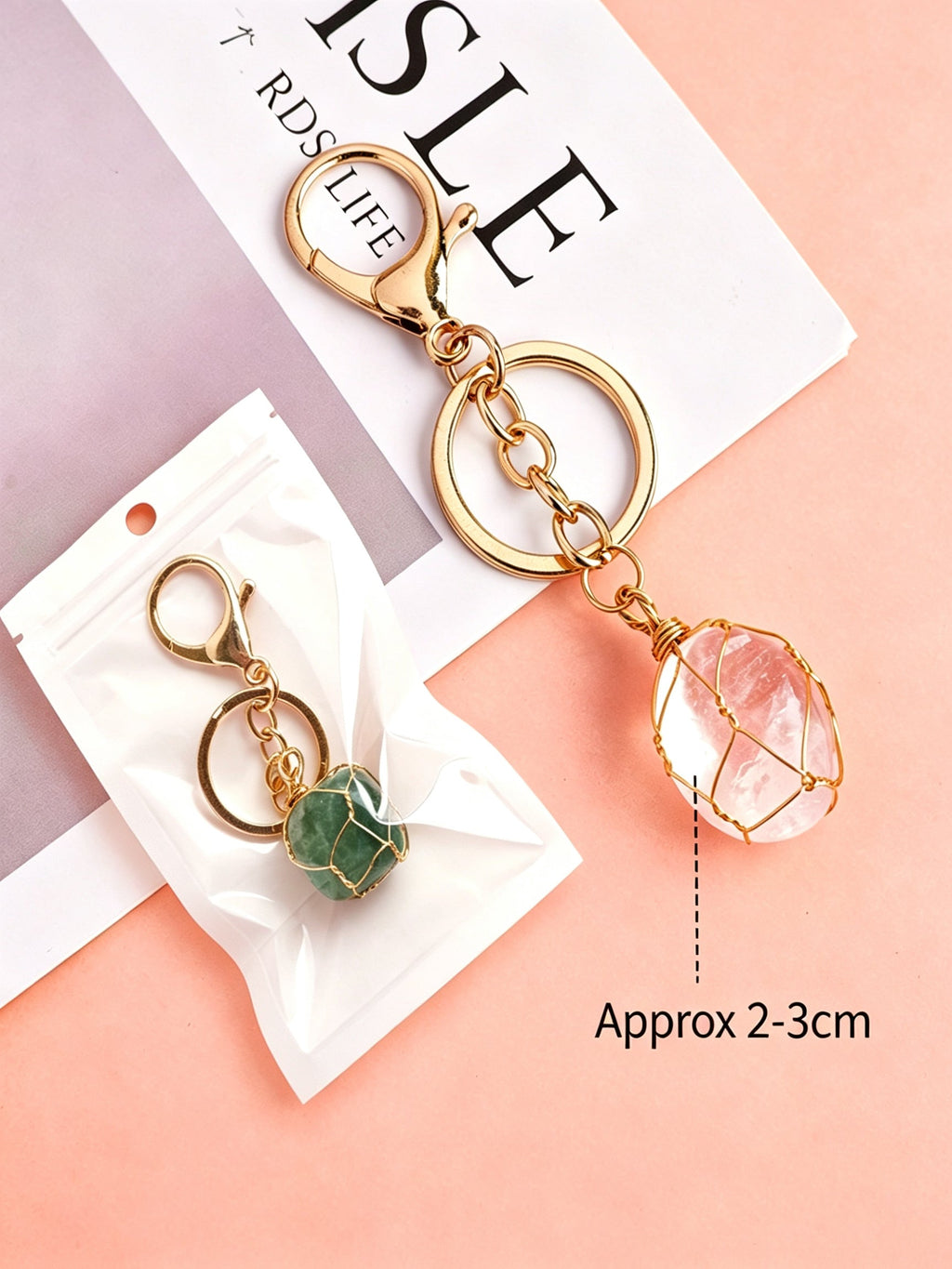 RYS Natural Rough Crystal Handmade Mesh Pouch Keychain Irregular Tumbled Stone Bag Charm