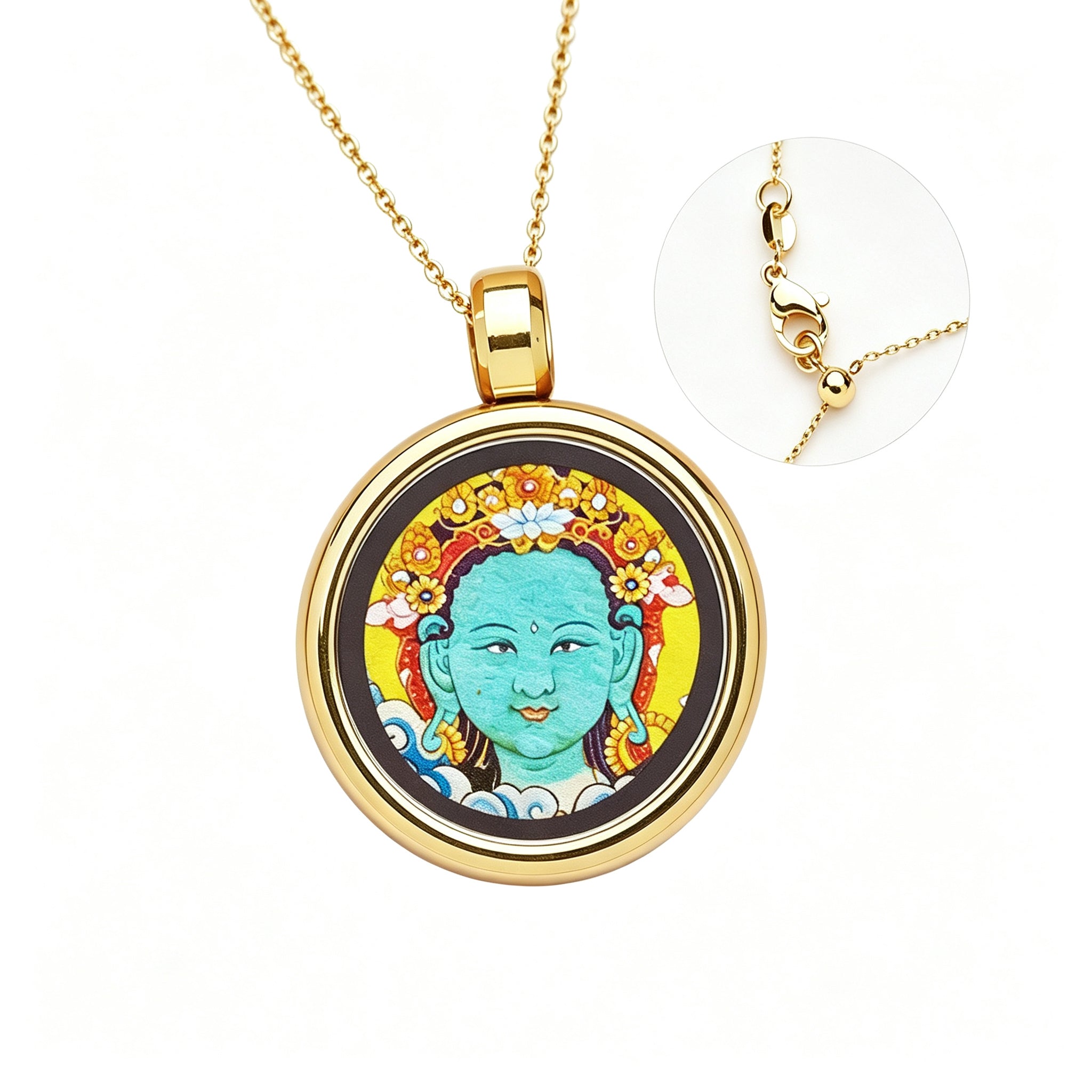 RYS Hand-Painted Thangka Buddha Pendant Necklace | 18K Gold Plated Alloy | Tibetan Patron Saint Amulet for Zodiac Signs | Spiritual Protection Jewelry