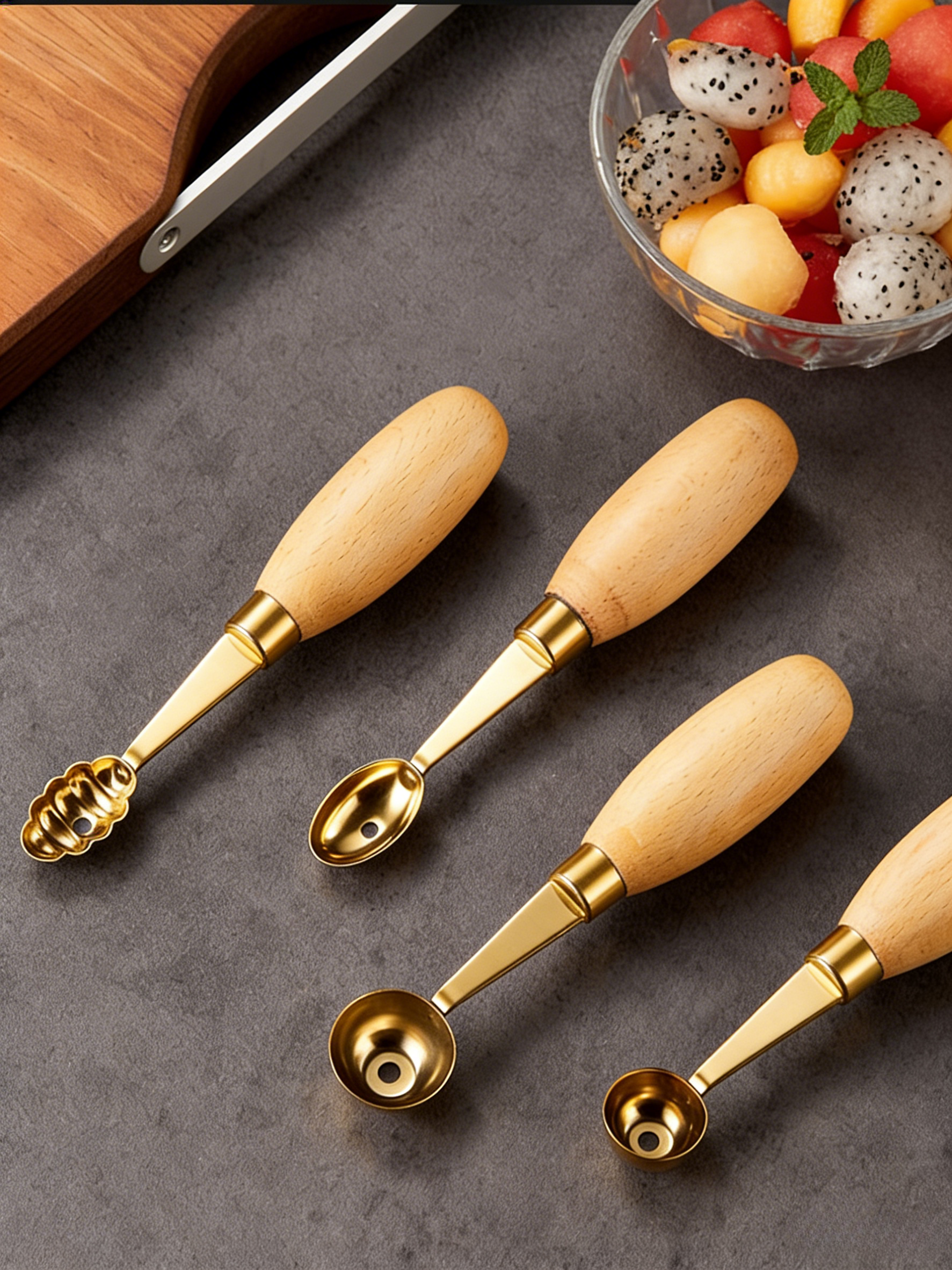 HGD 304 Stainless Steel Fruit Tool with Beech Wood Handle | Melon Baller, Carving Knife & Peeler