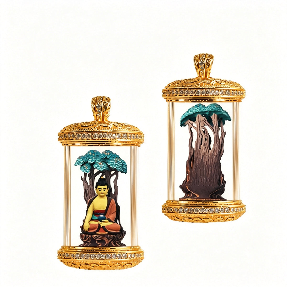 PTR Brass Hand‑painted 3D Statue Pendant Cylindrical Hollow Locket Necklace