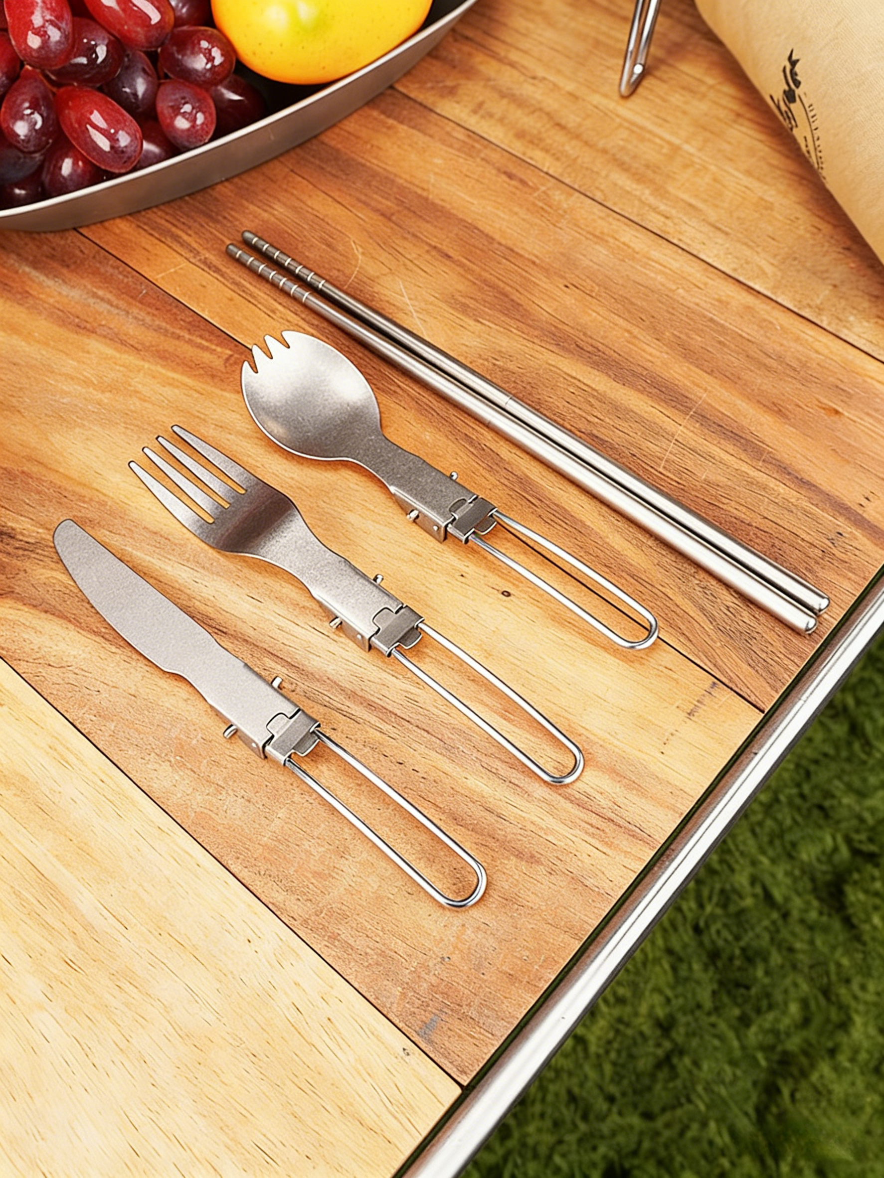 SNR Reines Titan Faltbares Besteckset, Leichtgewicht Gabel Löffel Essstäbchen 4-teiliges Set für Outdoor Camping