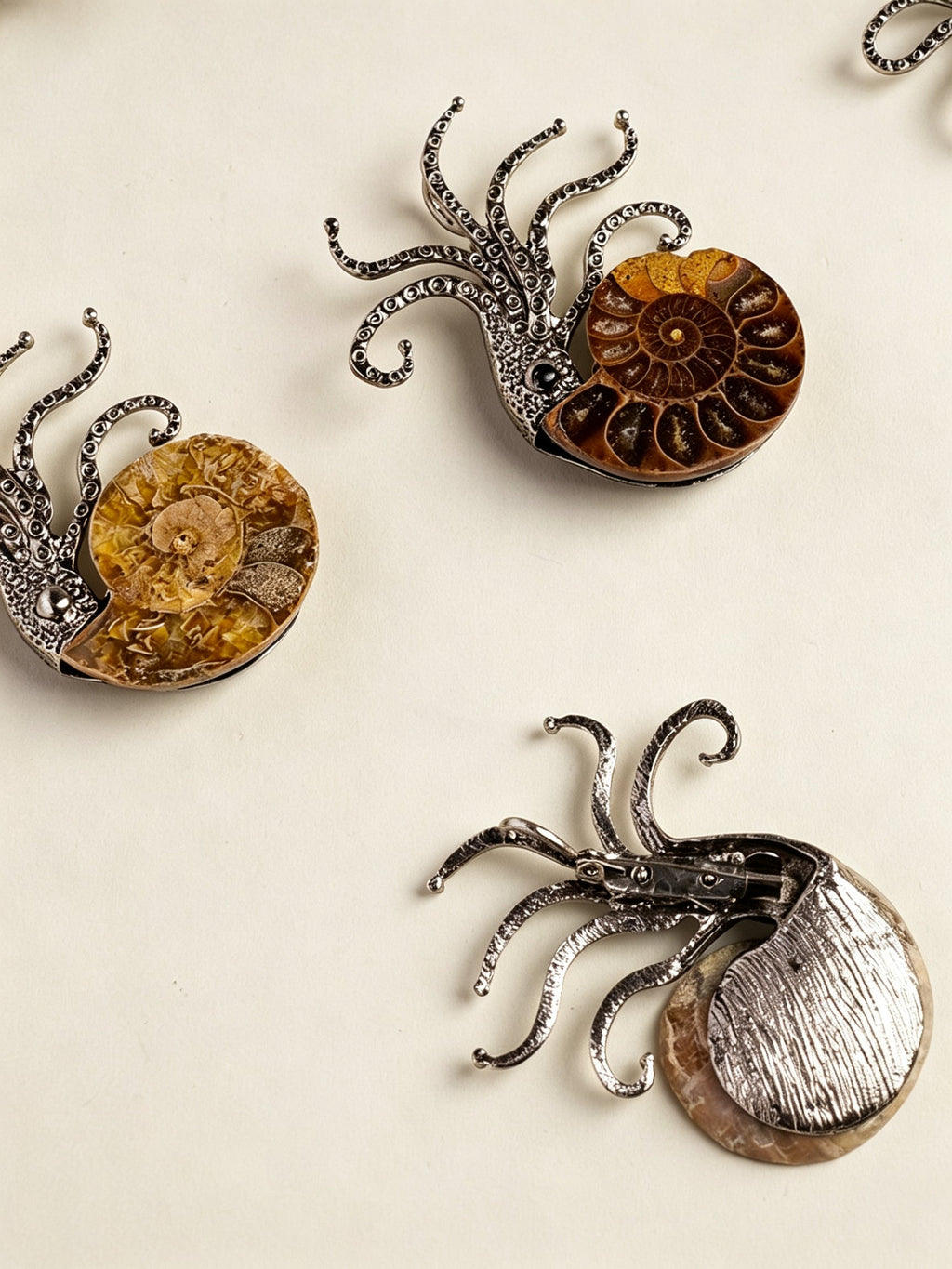 RYS Natural Ammonite Fossil Jewelry Brooch Necklace Earrings Set