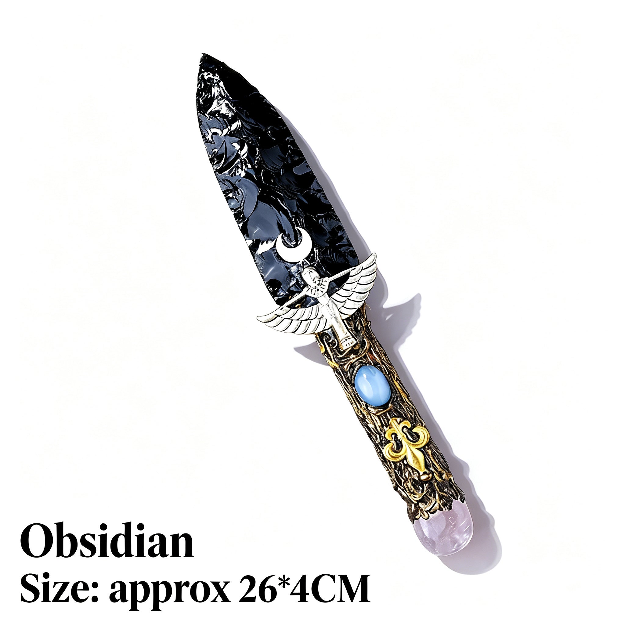 RYS Natural Obsidian Crystal Dagger, Hand Carved Stone Blade with Wooden Handle, Spiritual Ritual & Altar Decor