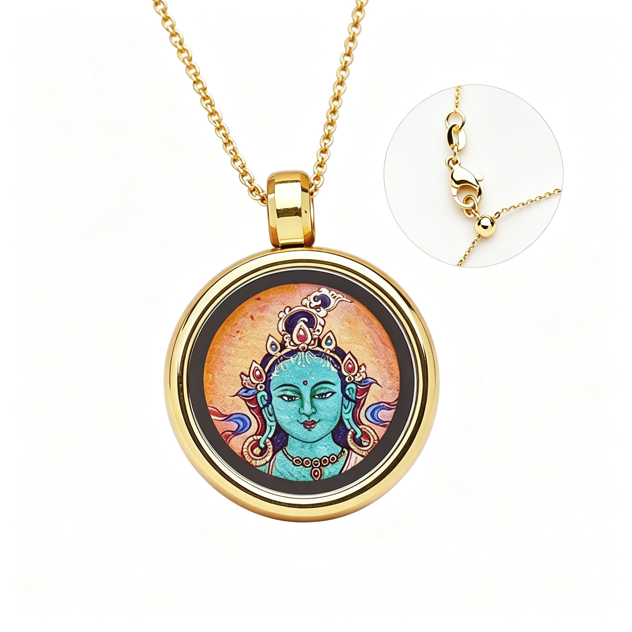 RYS Hand-Painted Thangka Buddha Pendant Necklace | 18K Gold Plated Alloy | Tibetan Patron Saint Amulet for Zodiac Signs | Spiritual Protection Jewelry