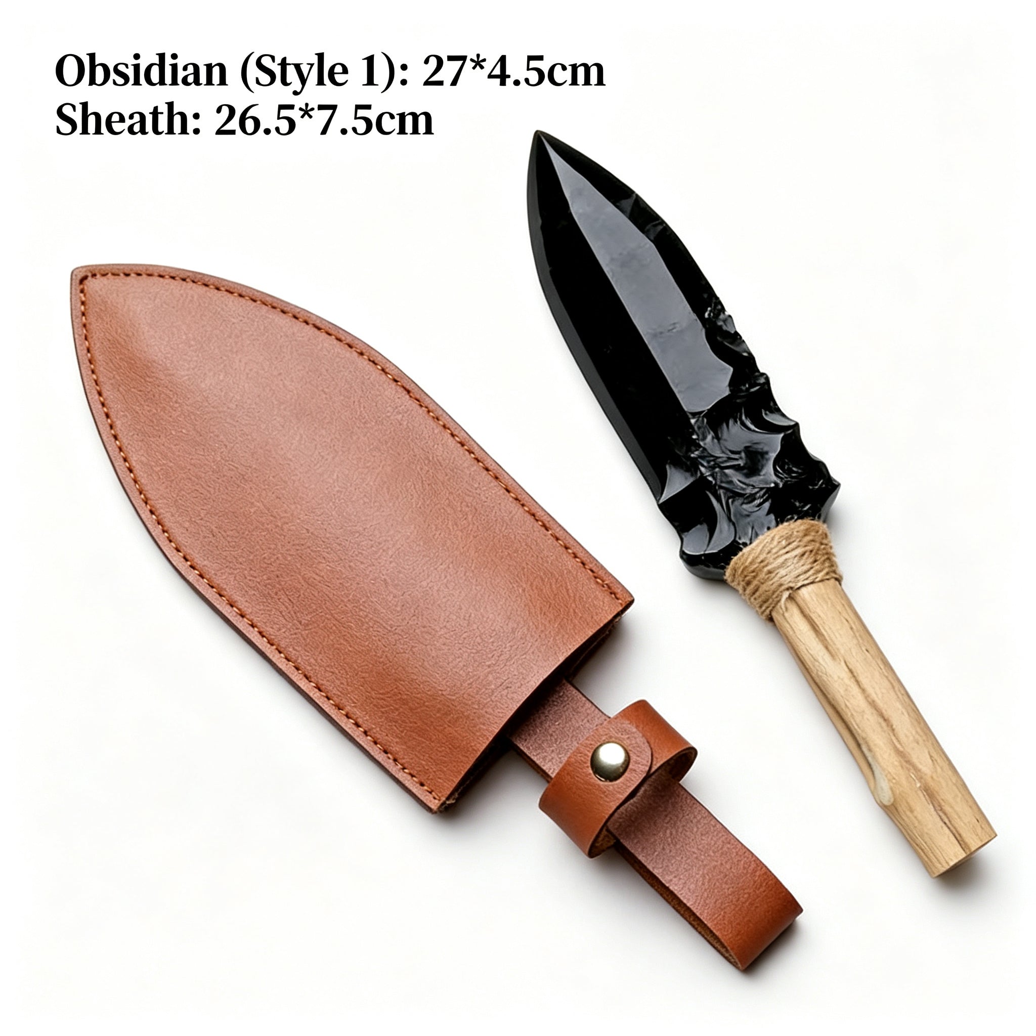 RYS Natural Obsidian Crystal Dagger with Sheath, Handmade Stone Blade & Wooden Handle, Protective Spiritual Tool