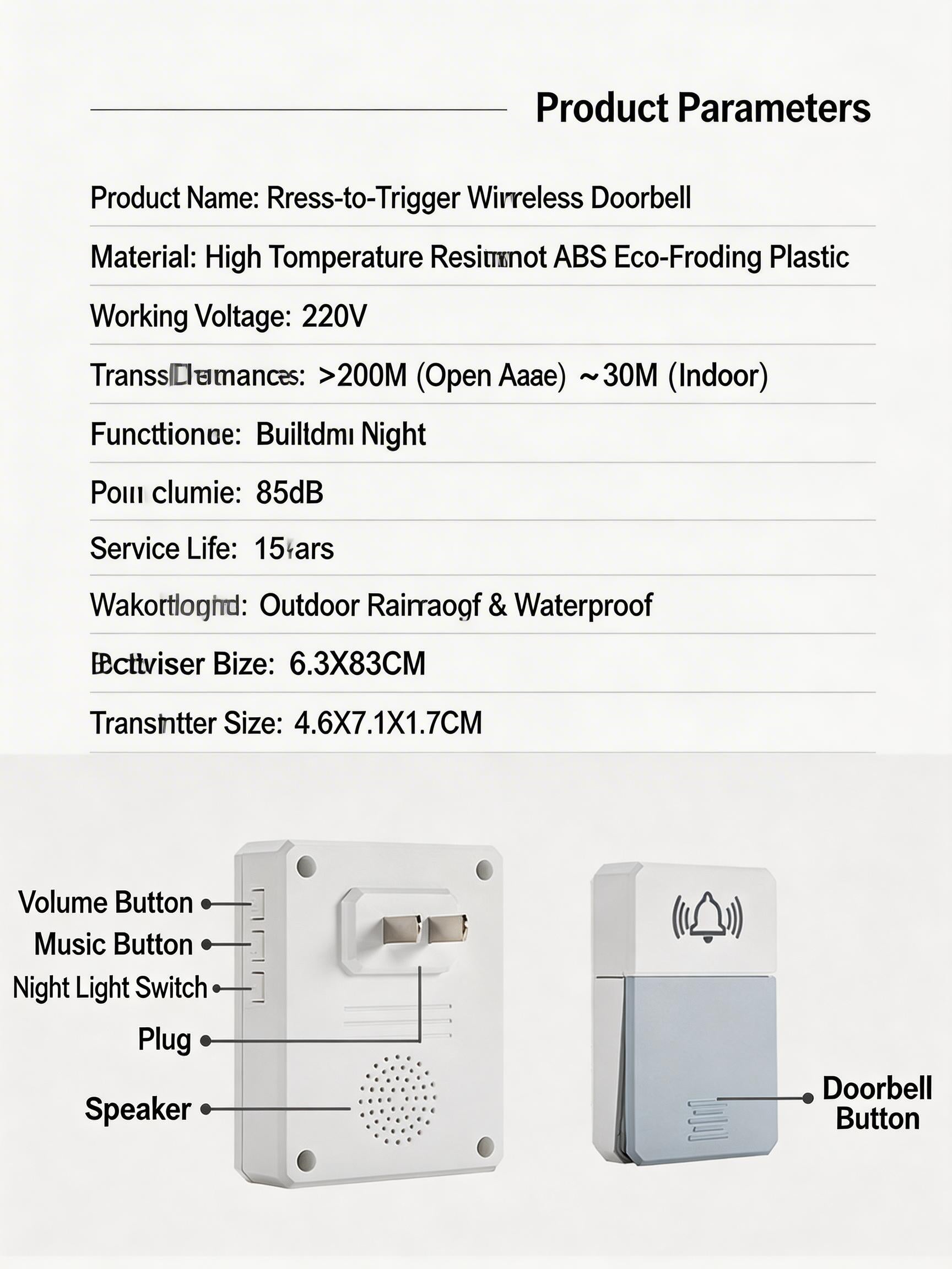 EST Self-Powered Wireless Doorbell with Night Light, Waterproof No Battery Door Bell Chime Kit, Long Range Strong Signal for Home & Office