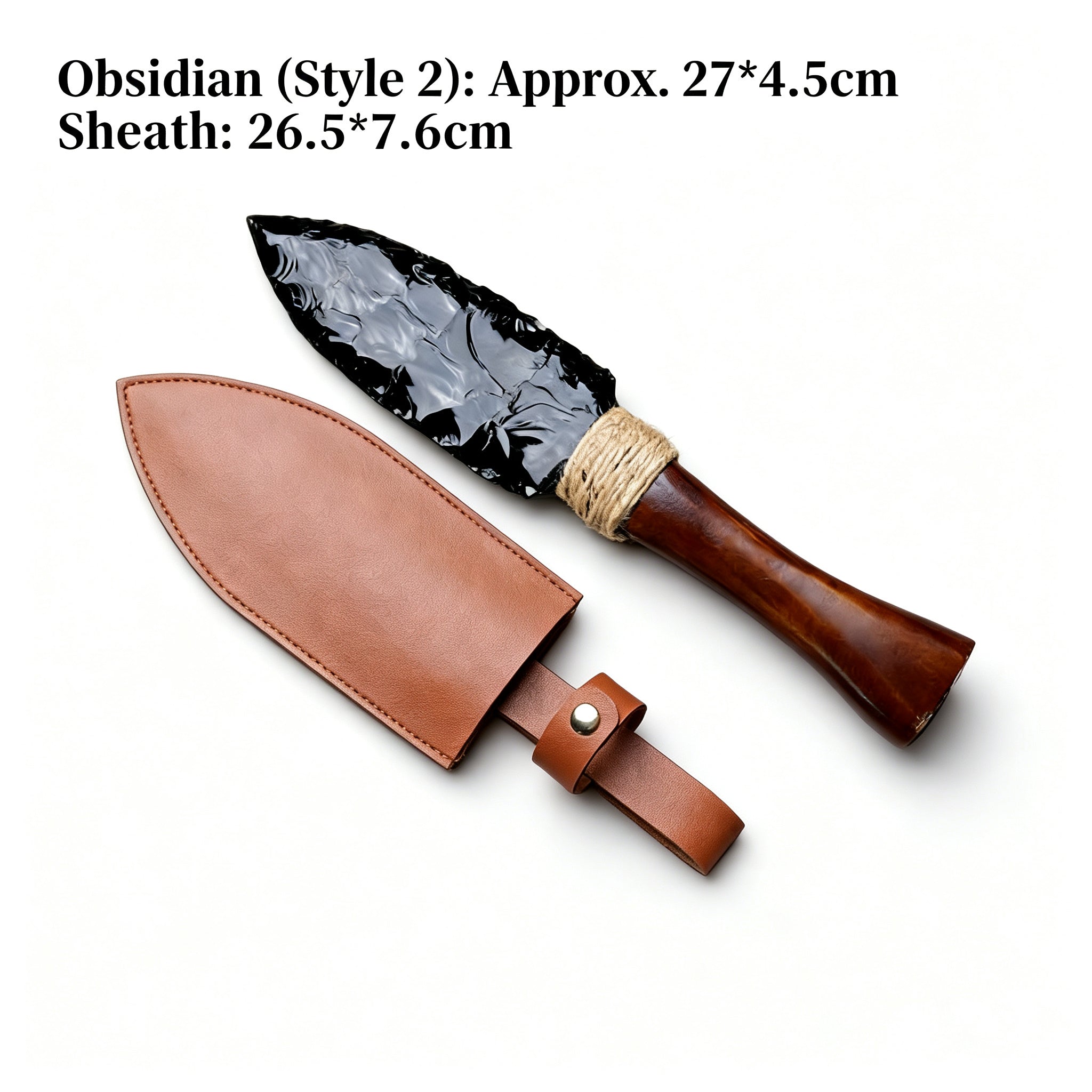 RYS Natural Obsidian Crystal Dagger with Sheath, Handmade Stone Blade & Wooden Handle, Protective Spiritual Tool