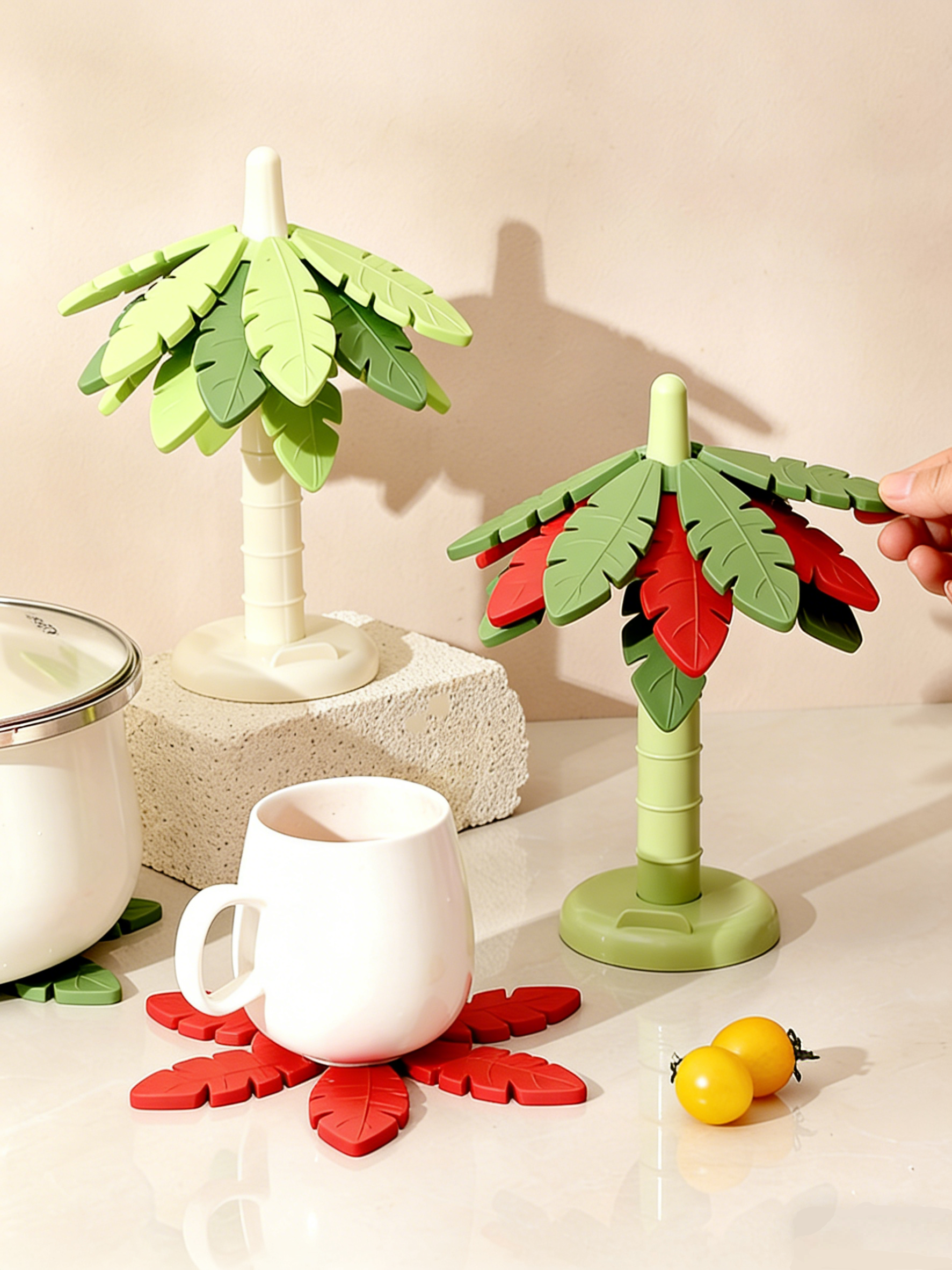 ZZBH Zeitmaschine Baum Silikon-Wärmedämmunterlage, hitzebeständige Tischmatte für den Heimgebrauch, Untersetzer für Schalen/Töpfe/Sandtöpfe (4 Blätter + 1 Ständer)