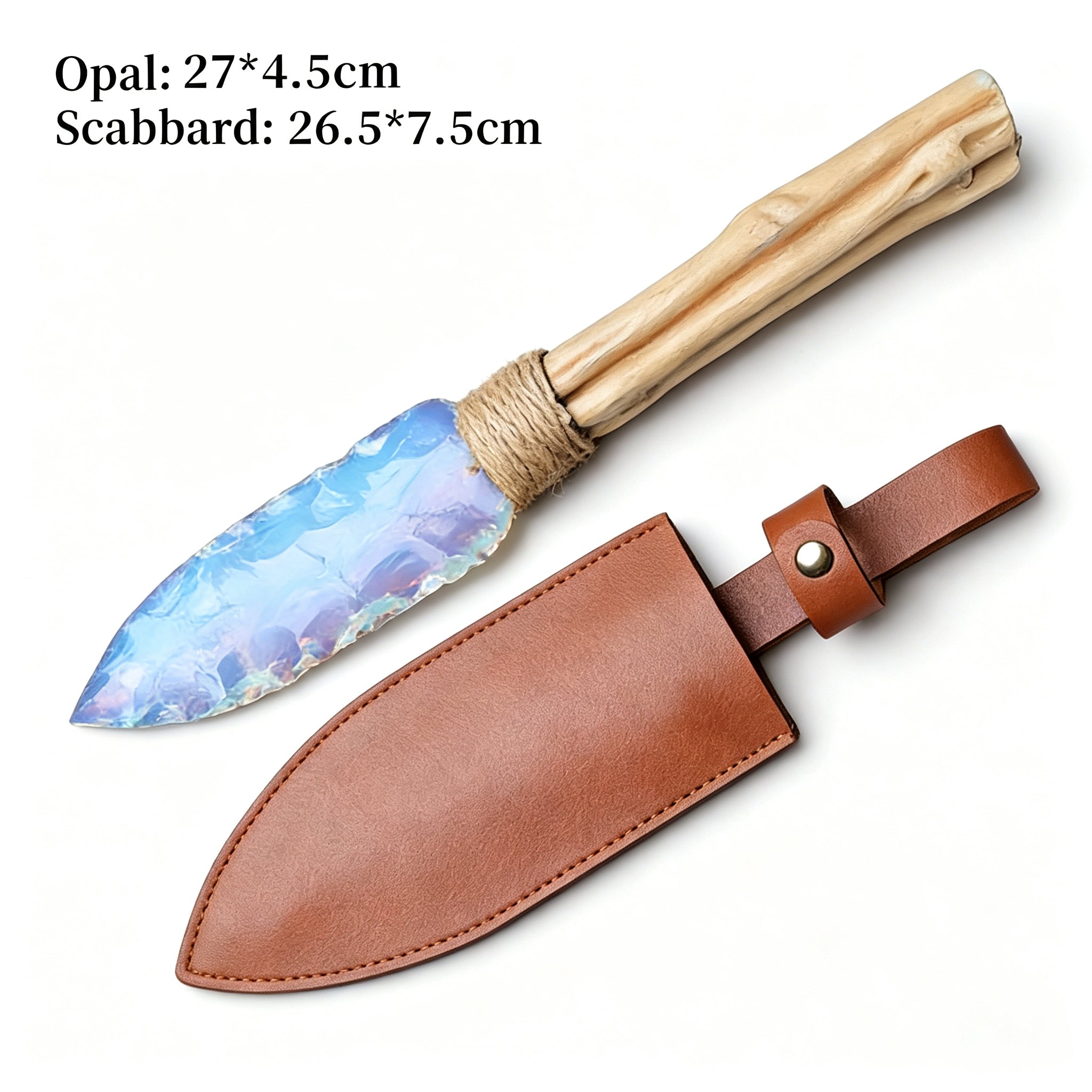 RYS Natural Obsidian Crystal Dagger with Sheath, Handmade Stone Blade & Wooden Handle, Protective Spiritual Tool