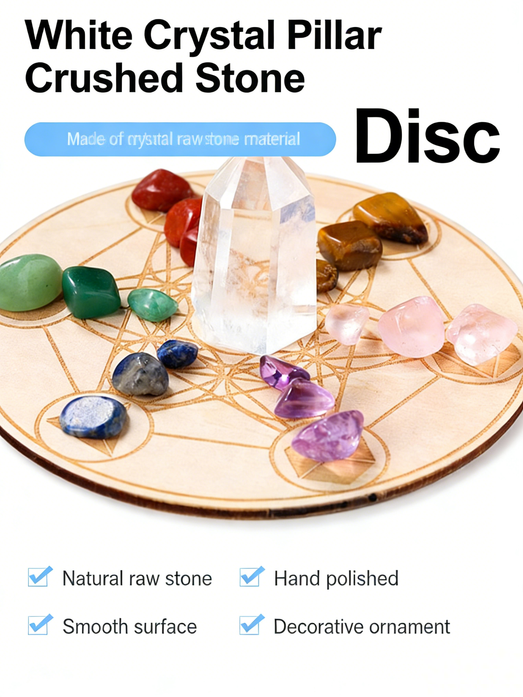 RYS Natural Clear Crystal Pillar Seven Star Array Ornament, Seven Color Gemstone Crushed Stone Wooden Disk Set