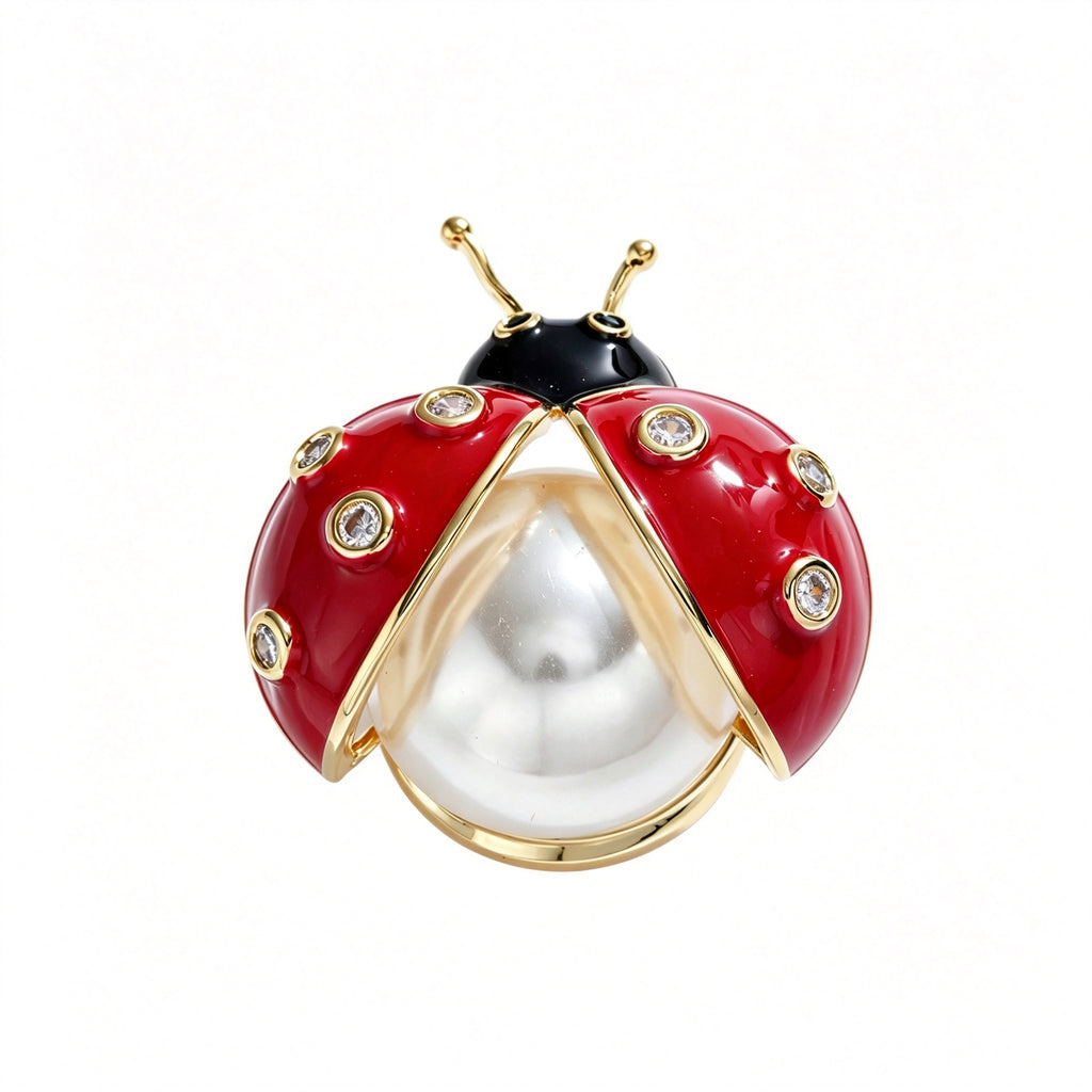 QZY Enamel Pearl Ladybug Brooch Magnetic Insect Lapel Pin Cute Animal Accessory