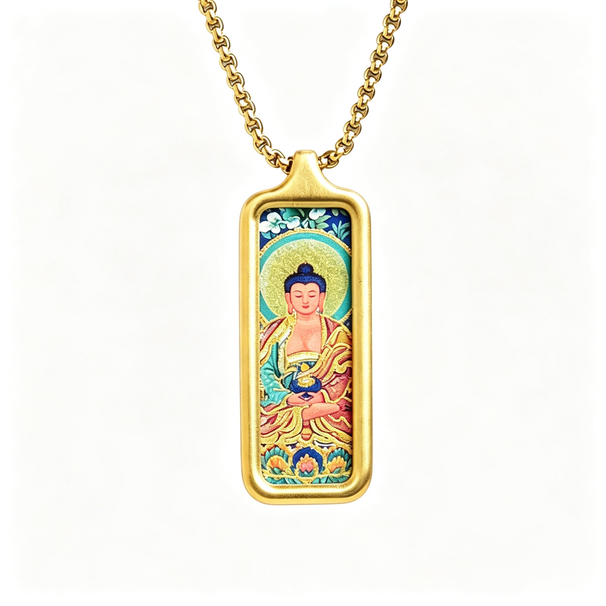 RYS Hand-Painted Thangka Buddha Pendant Necklace | 18K Gold Plated Alloy | Tibetan Patron Saint Amulet for Zodiac Signs | Spiritual Protection Jewelry