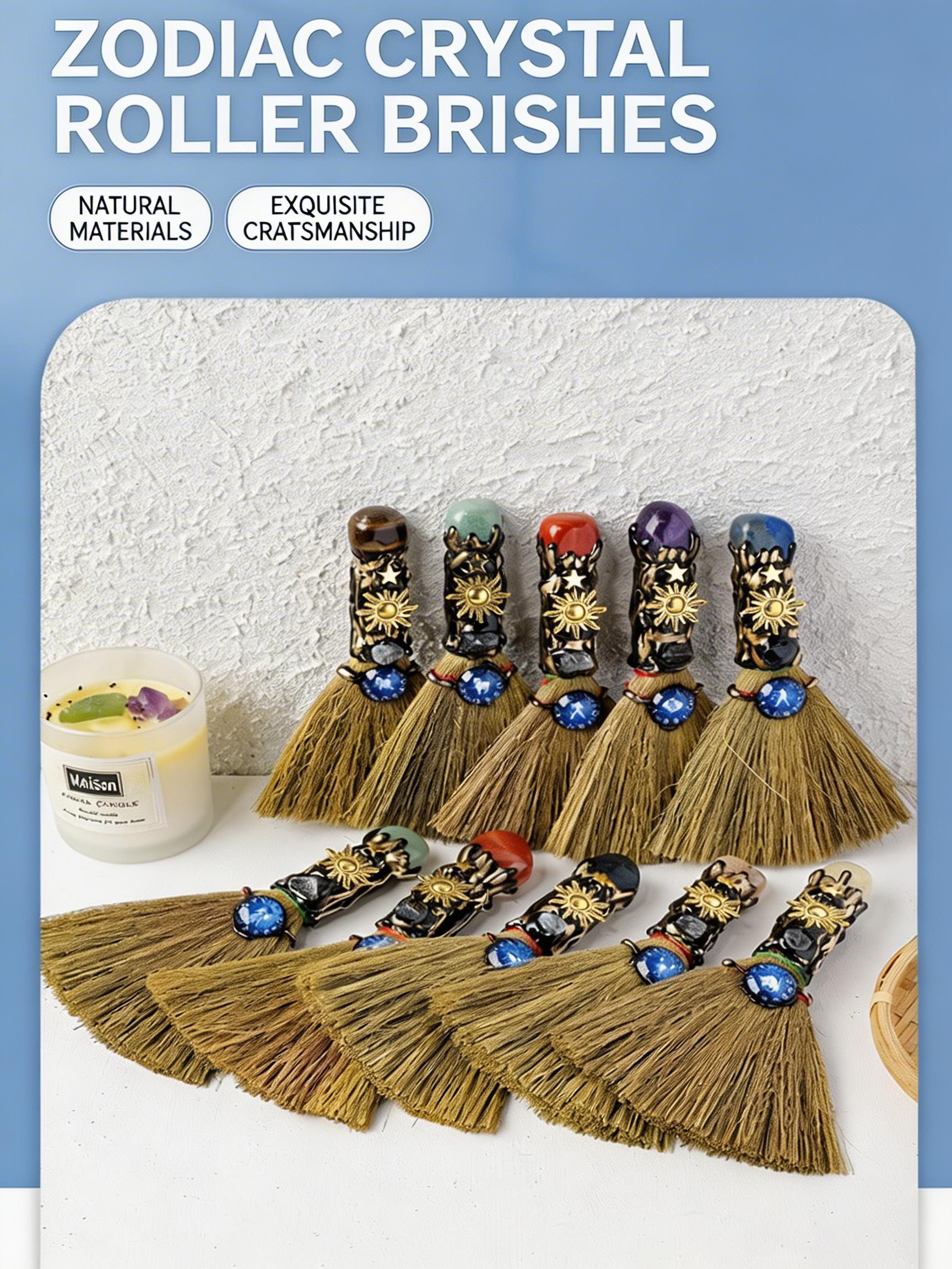 RYS Handmade Witch Broom with Natural Crystal | Zodiac Sign Altar Decor | Aries Amazonite Mini Broom for Wiccan & Pagan Gifts