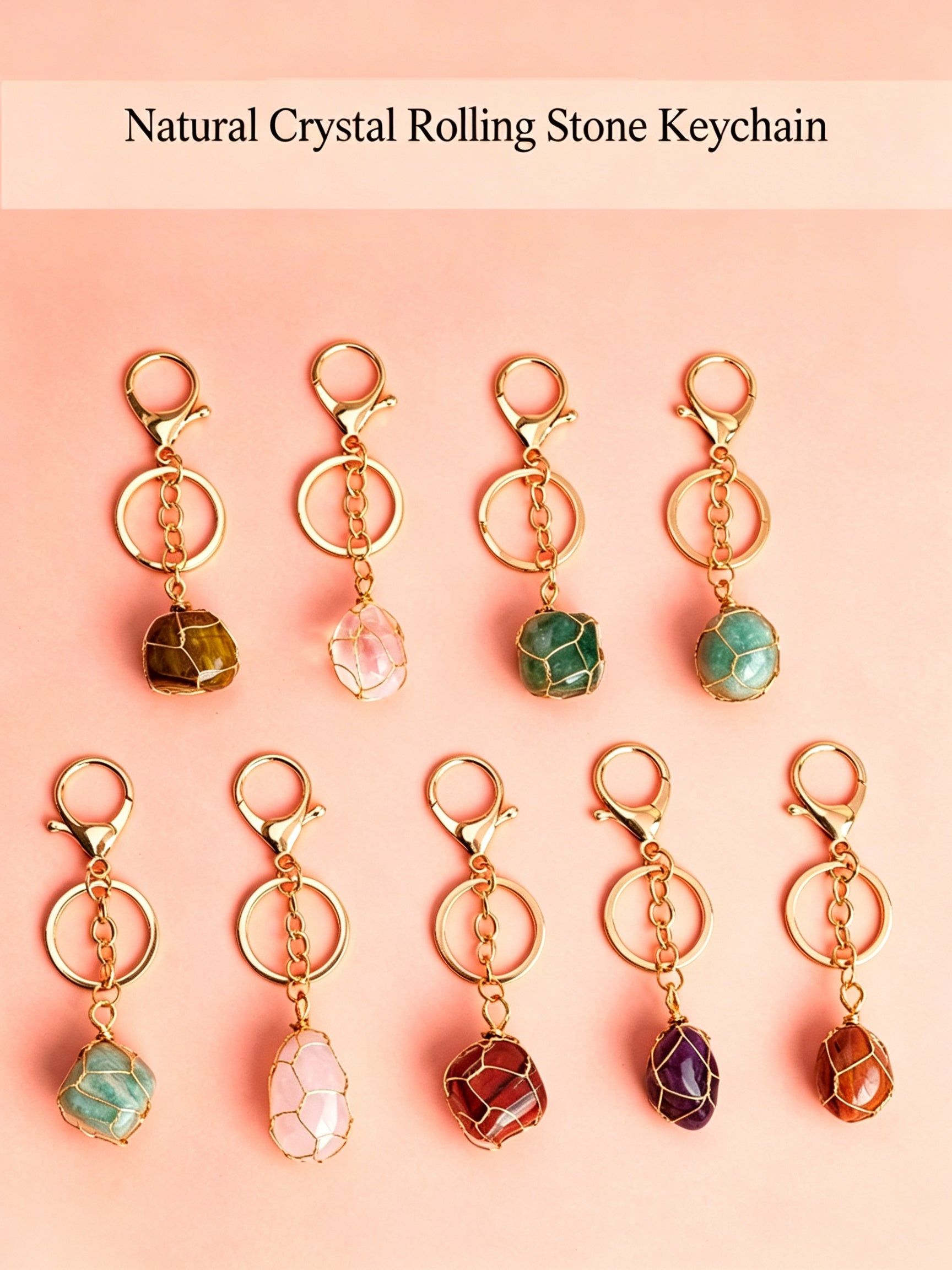 RYS Natural Rough Crystal Handmade Mesh Pouch Keychain Irregular Tumbled Stone Bag Charm