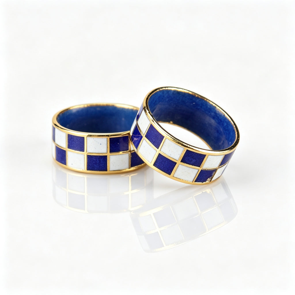 JCJ Vintage Cloisonné Enamel Checkered Ring 1980s era Chinese Collectible Jewelry