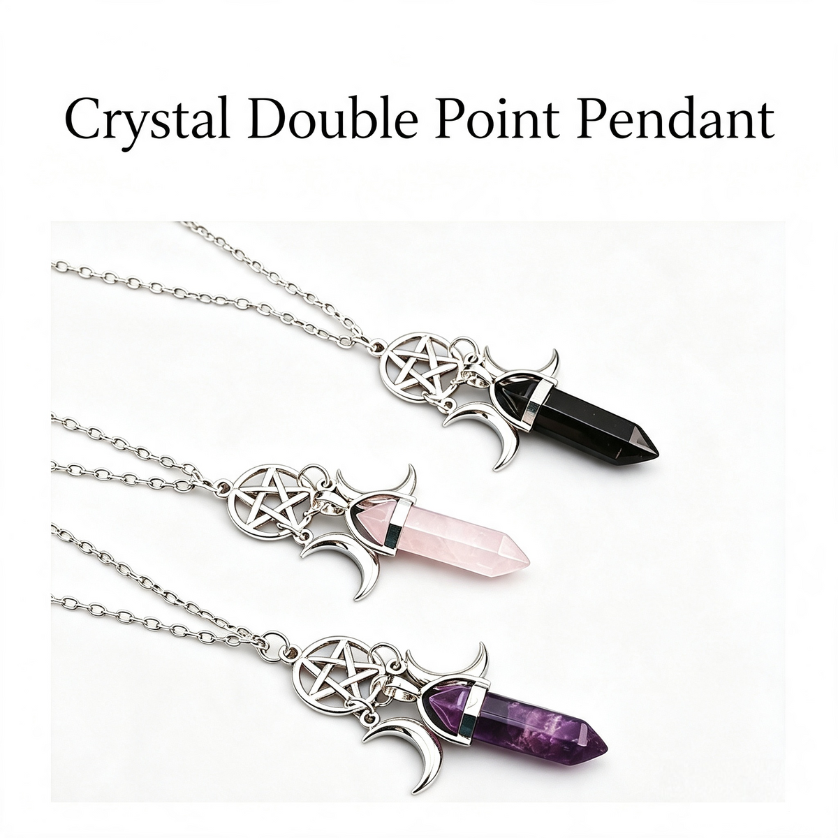 RYS Natural Crystal Double‑Point Hexagonal Column Moon Pentagram Sweater Chain