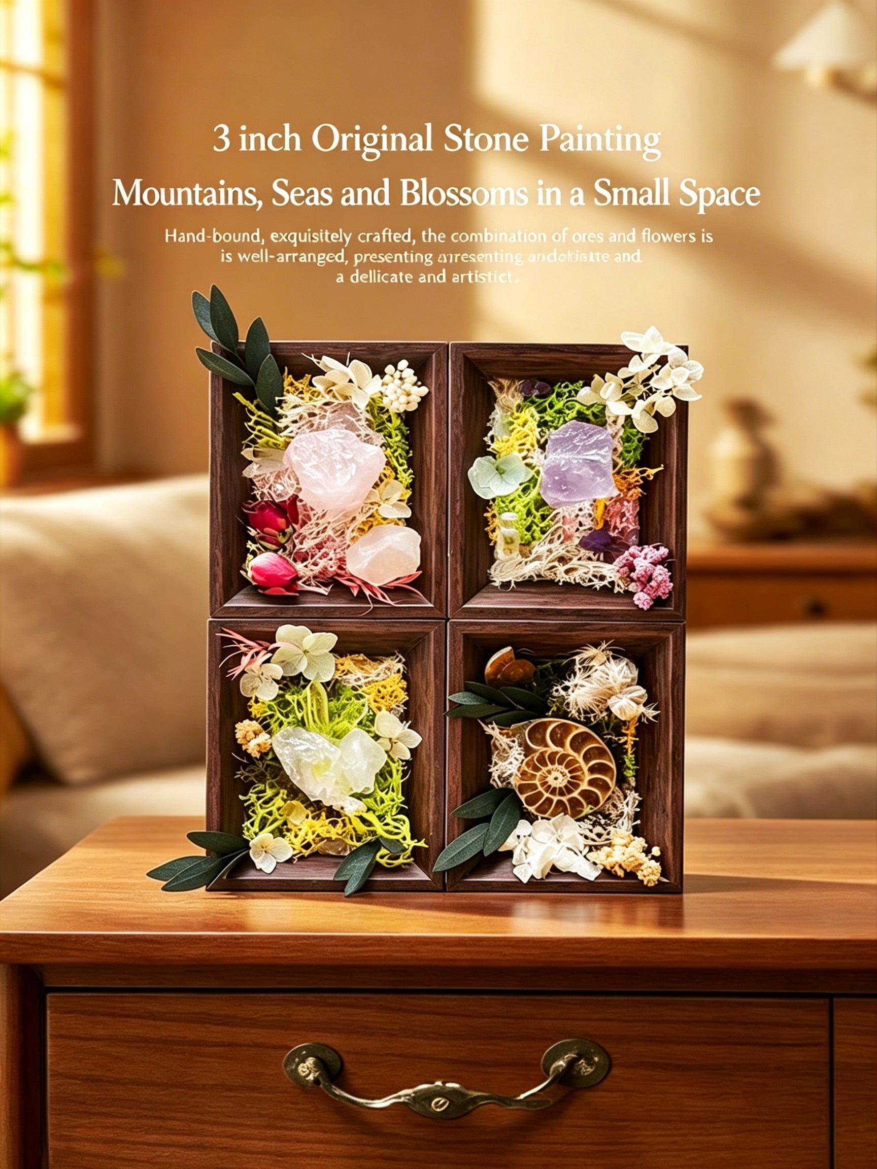 RYS 3-Inch Natural Crystal & Preserved Flower Photo Frame Ornament, Gift Box Set,Handcrafted Home Decor