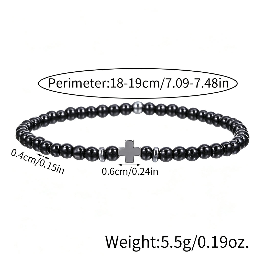 PNY Men Cross Beaded Bracelet Natural Volcanic Stone Black Obsidian Elastic Bracelet Unisex Religious Jewelry Gift