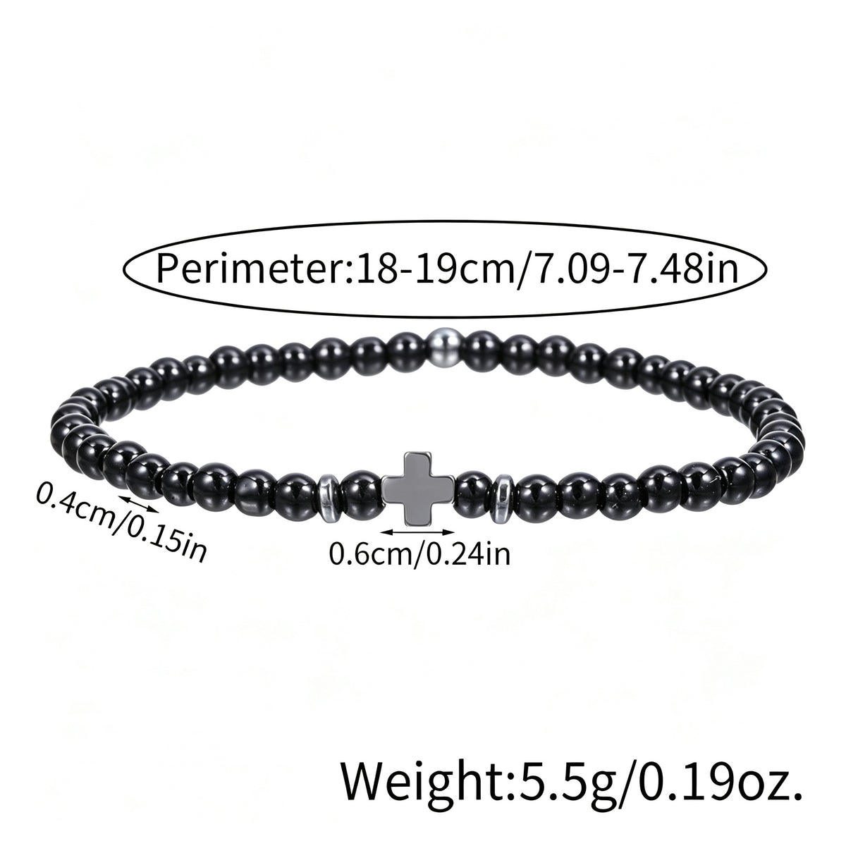 PNY Men Cross Beaded Bracelet Natural Volcanic Stone Black Obsidian Elastic Bracelet Unisex Religious Jewelry Gift