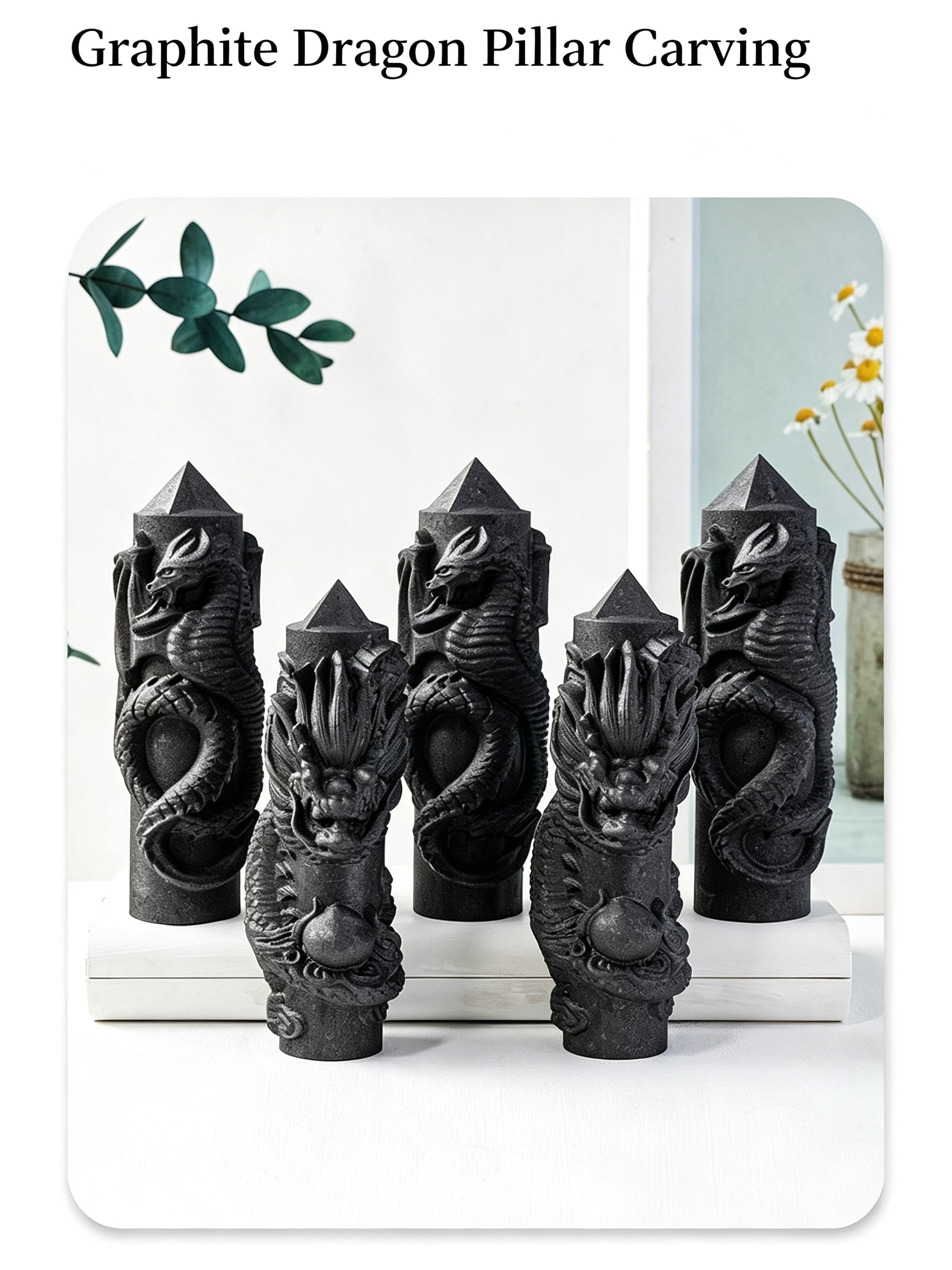 RYS Natural Russian Shungite Dragon Pillar Ornament | Hand-Carved Crystal Sculpture (Eastern/Western Dragon, 2 Sizes)