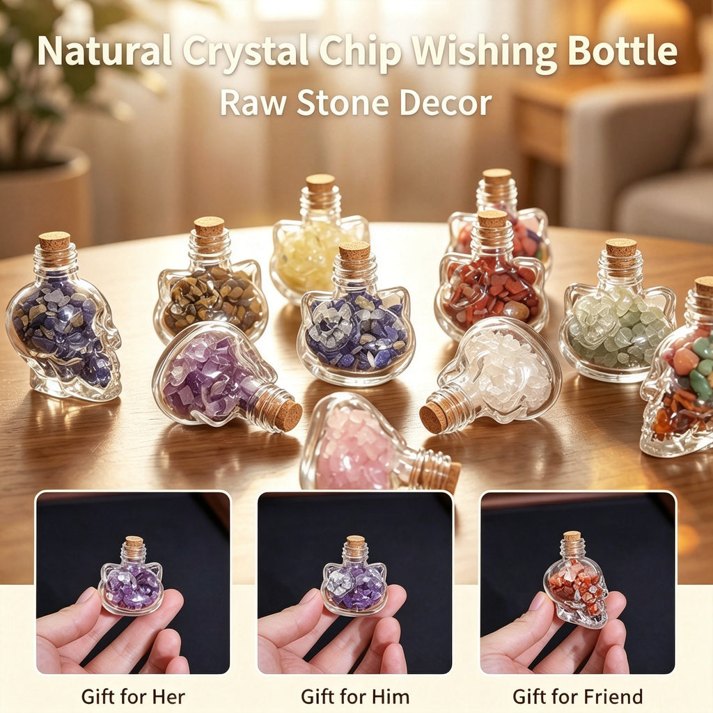 RYS Natural Crystal Chips Wish Bottle Cat Skull Shaped Glass Cork Bottle Halloween Home Decor Gift