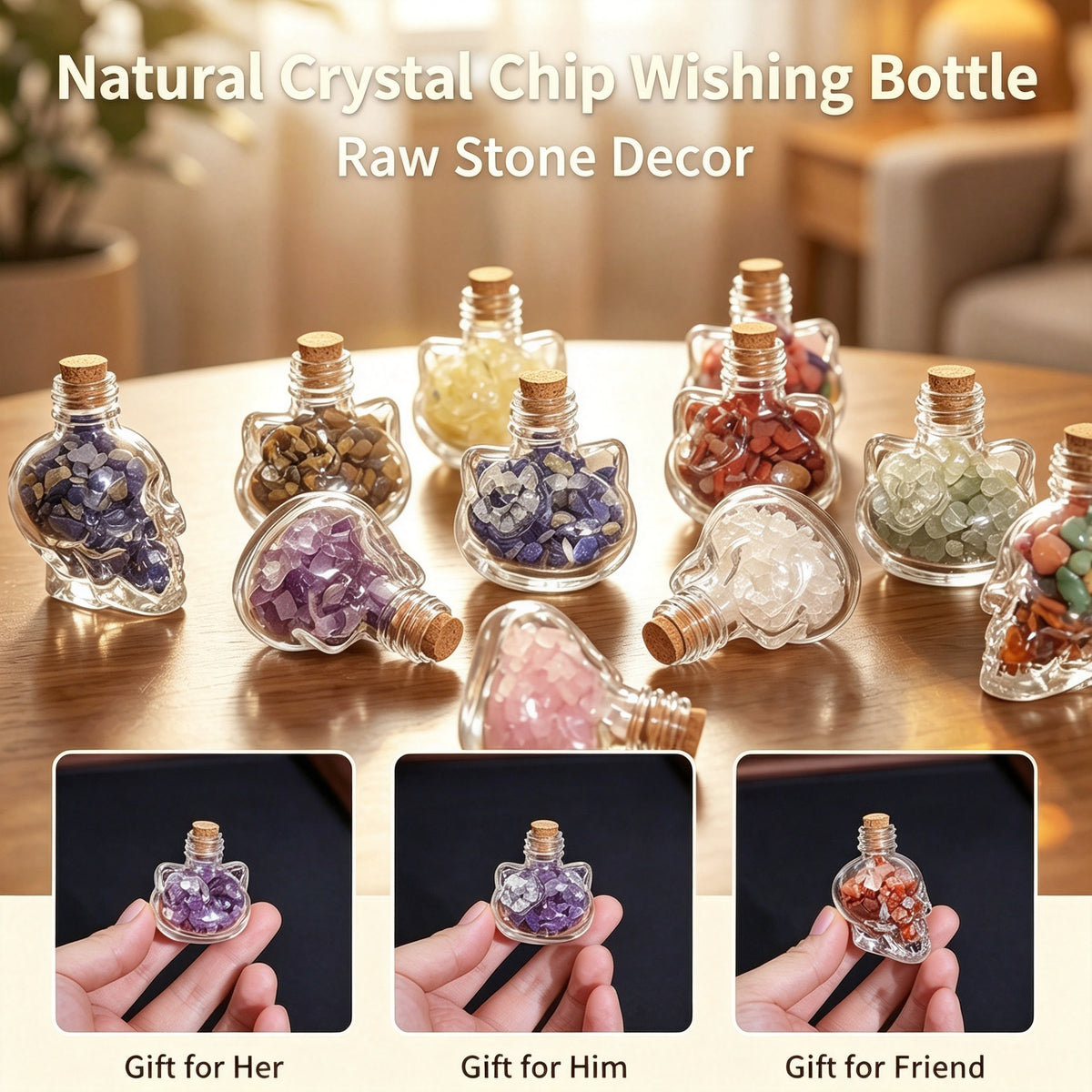 RYS Natural Crystal Chips Wish Bottle Cat Skull Shaped Glass Cork Bottle Halloween Home Decor Gift