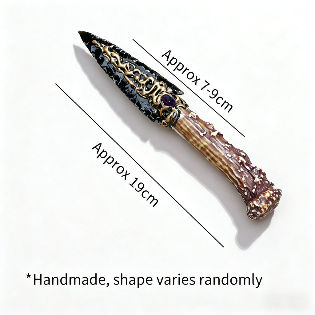 RYS Natural Obsidian Crystal Dagger, Hand Carved Stone Blade with Wooden Handle, Spiritual Ritual & Altar Decor